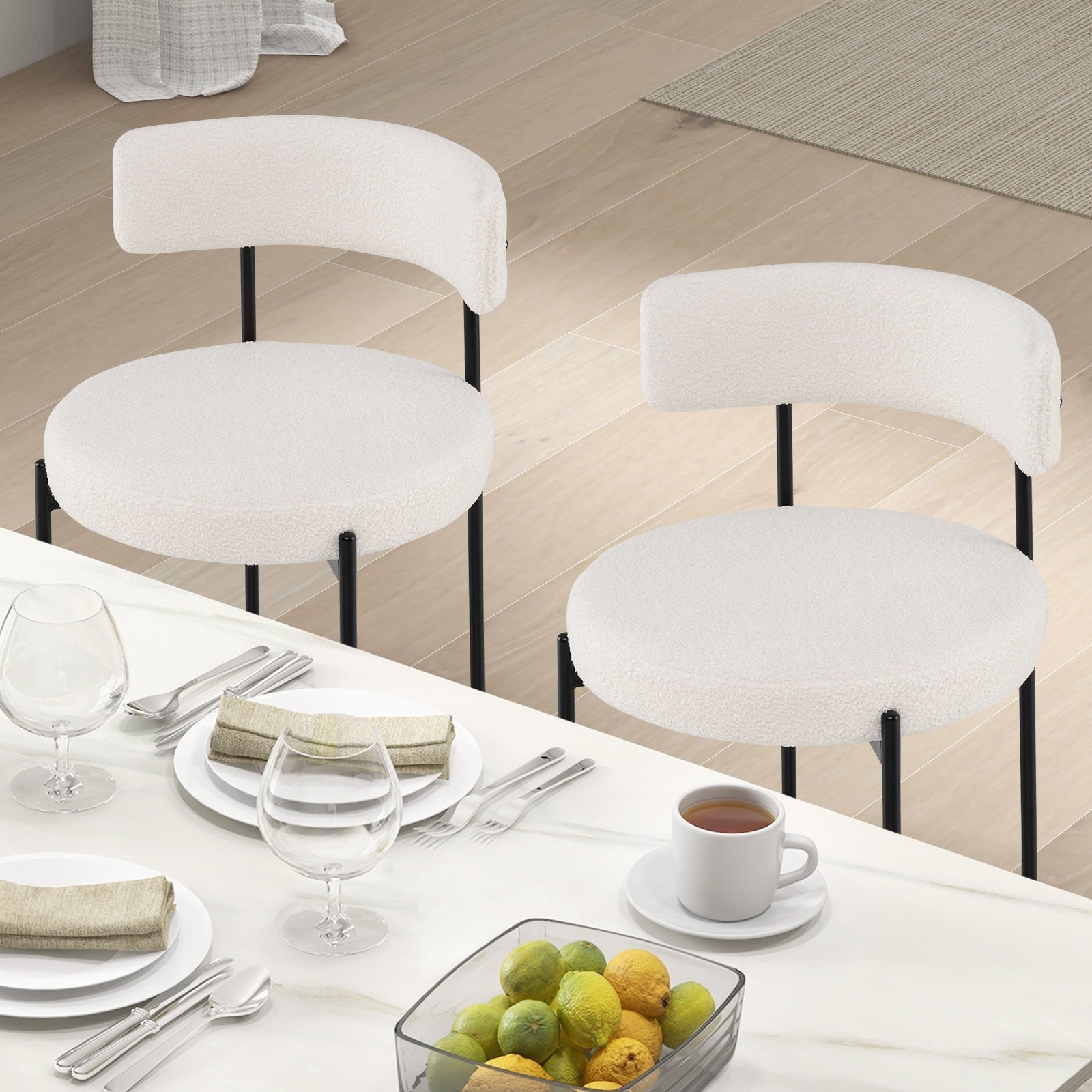 Boucle Dining Chair with Curved Backrest and Metal Legs Set of 4, White Dining Chairs at Gallery Canada