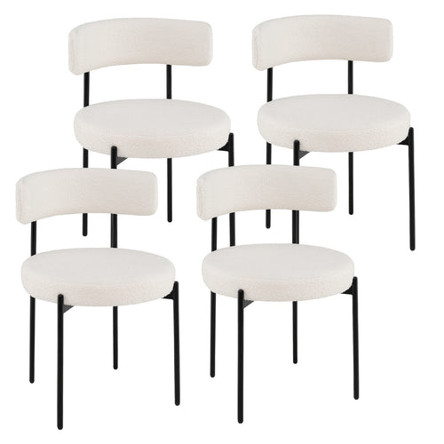 Boucle Dining Chair with Curved Backrest and Metal Legs Set of 4, White
