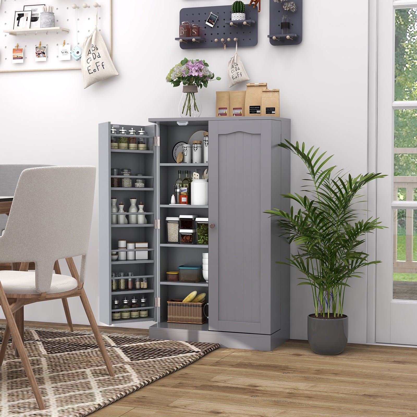 17-Tier Kitchen Pantry Cabinet with 2 Doors and 6 Adjustable Shelves, Gray Sideboards Cabinets & Buffets   at Gallery Canada