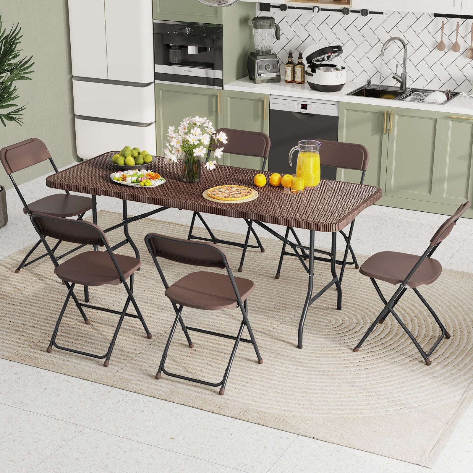 6 ft Portable Folding Table with Rattan-Like HDPE Tabletop and Safe Lock Mechanism, Brown Patio Dining Tables at Gallery Canada