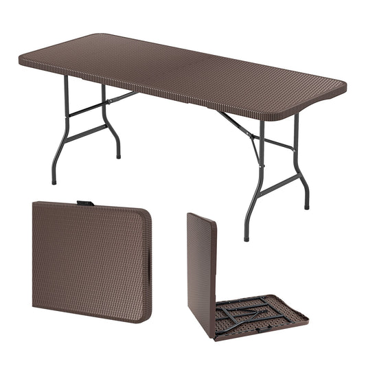 6 ft Portable Folding Table with Rattan-Like HDPE Tabletop and Safe Lock Mechanism, Brown Patio Dining Tables Brown at Gallery Canada