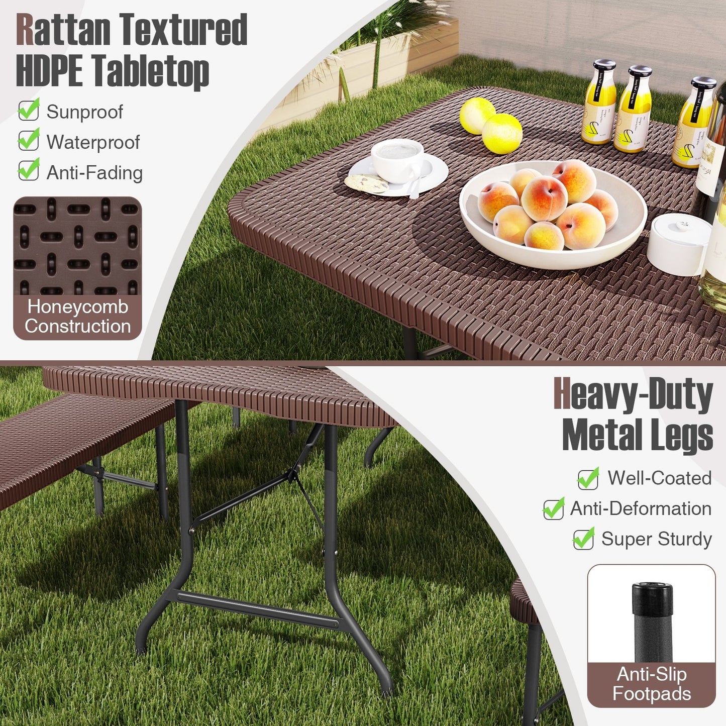 6 ft Portable Folding Table with Rattan-Like HDPE Tabletop and Safe Lock Mechanism, Brown Patio Dining Tables at Gallery Canada