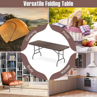 6 ft Portable Folding Table with Rattan-Like HDPE Tabletop and Safe Lock Mechanism, Brown Patio Dining Tables at Gallery Canada