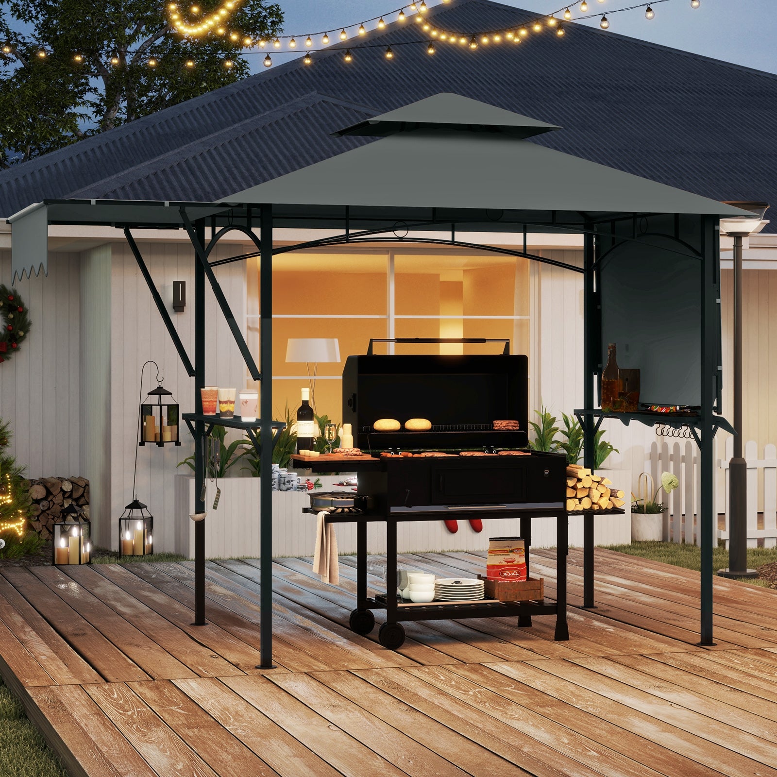 13 x 5 Feet Grill Gazebo with Dual Side Awnings and 2 Shelves Adjustable Shadow, Gray Gazebos at Gallery Canada