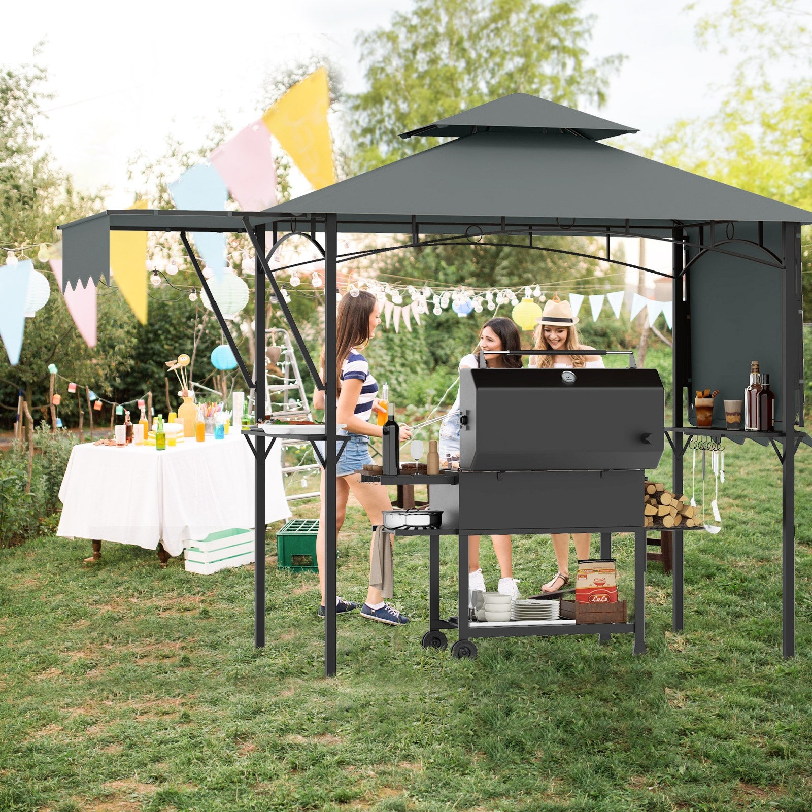 13 x 5 Feet Grill Gazebo with Dual Side Awnings and 2 Shelves Adjustable Shadow, Gray Gazebos at Gallery Canada