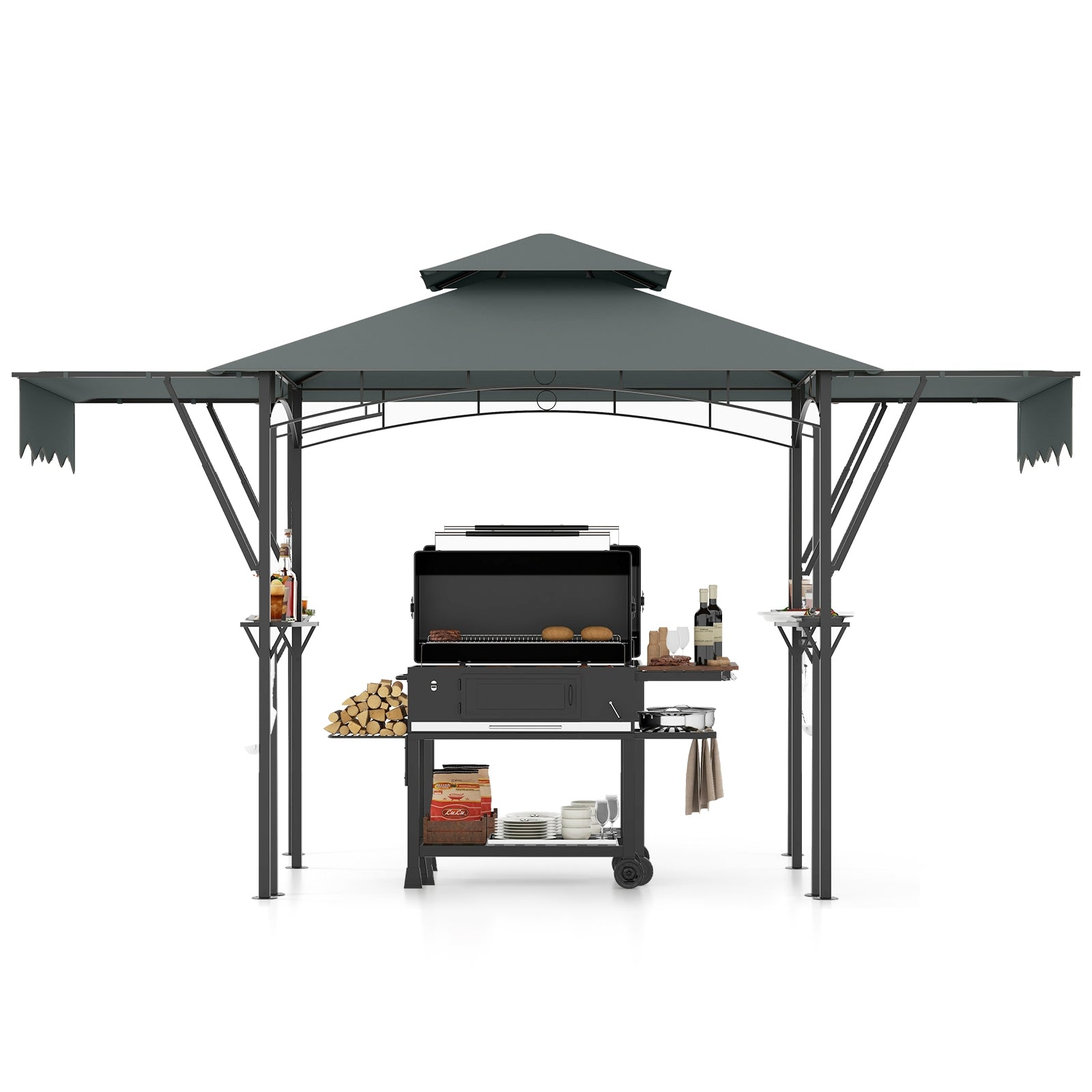13 x 5 Feet Grill Gazebo with Dual Side Awnings and 2 Shelves Adjustable Shadow, Gray Gazebos at Gallery Canada