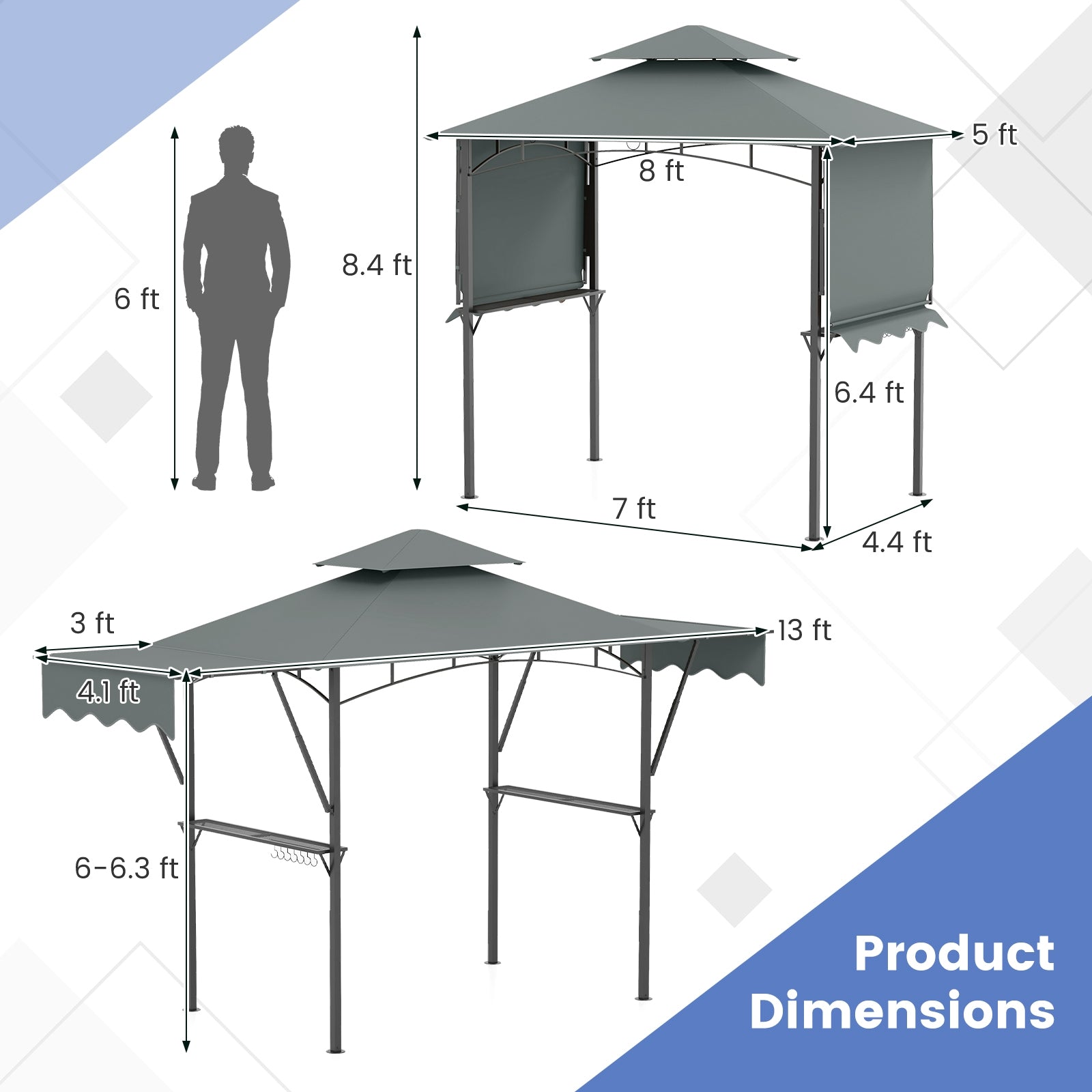 13 x 5 Feet Grill Gazebo with Dual Side Awnings and 2 Shelves Adjustable Shadow, Gray Gazebos at Gallery Canada