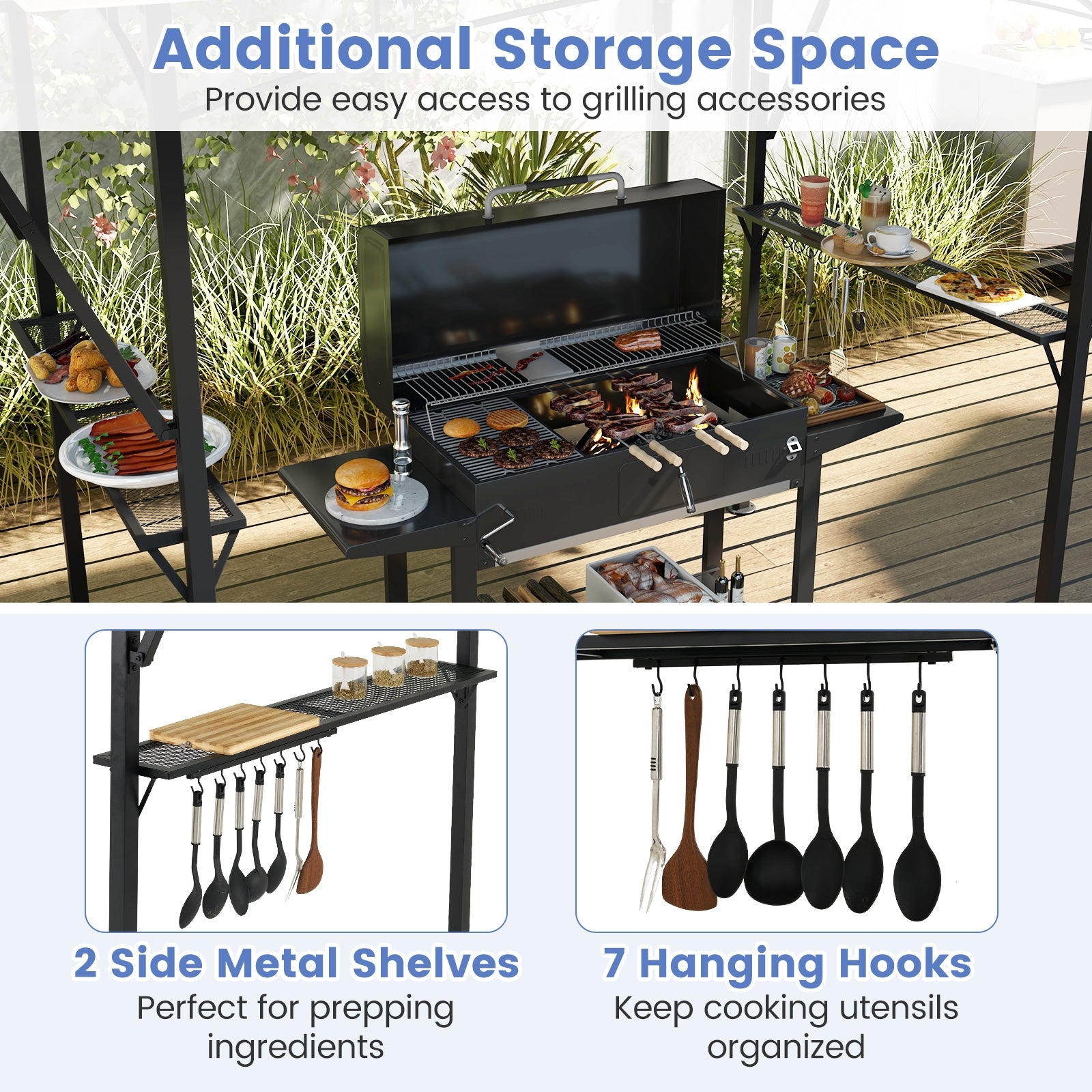 13 x 5 Feet Grill Gazebo with Dual Side Awnings and 2 Shelves Adjustable Shadow, Gray Gazebos at Gallery Canada