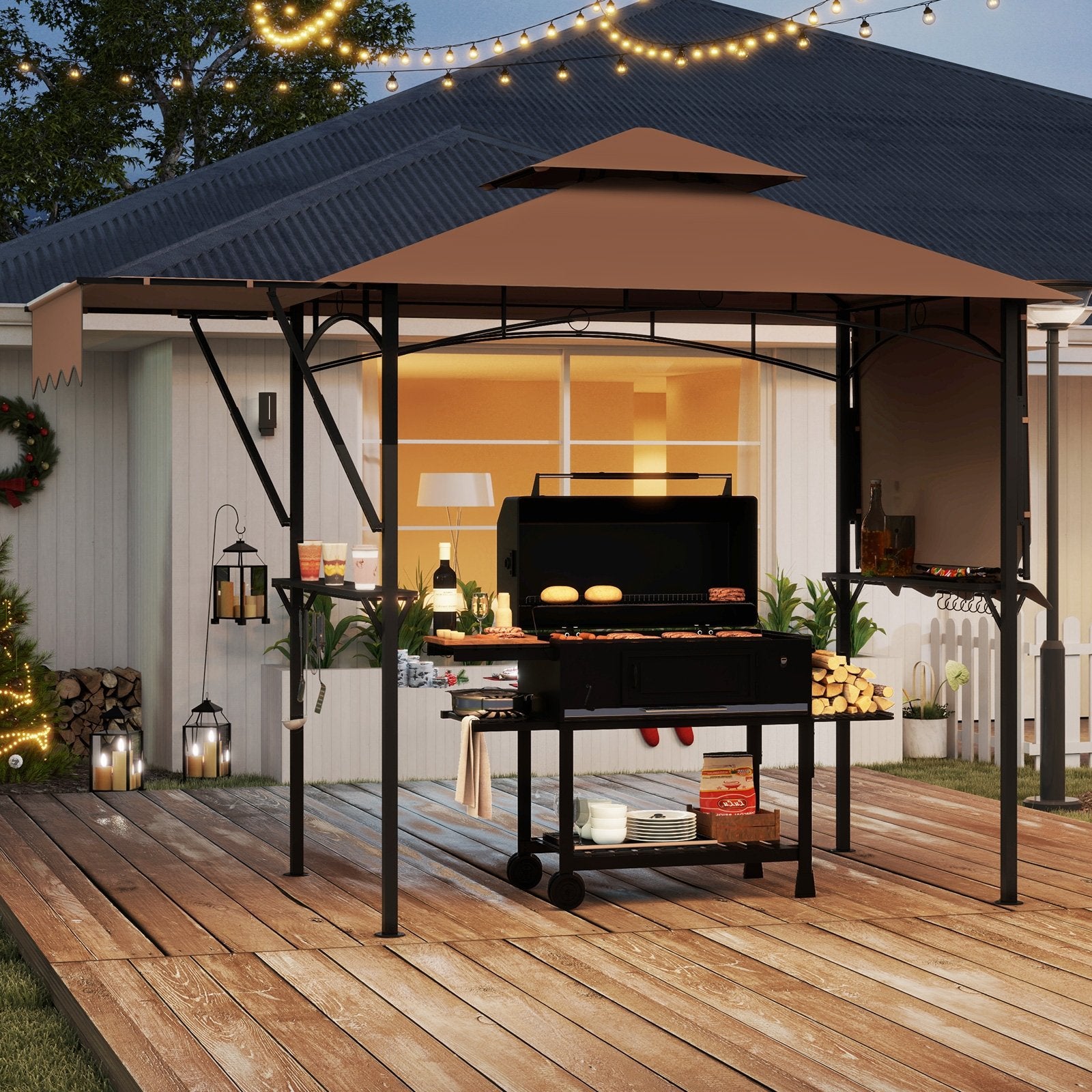 13 x 5 Feet Grill Gazebo with Dual Side Awnings and 2 Shelves Adjustable Shadow, Coffee Gazebos at Gallery Canada