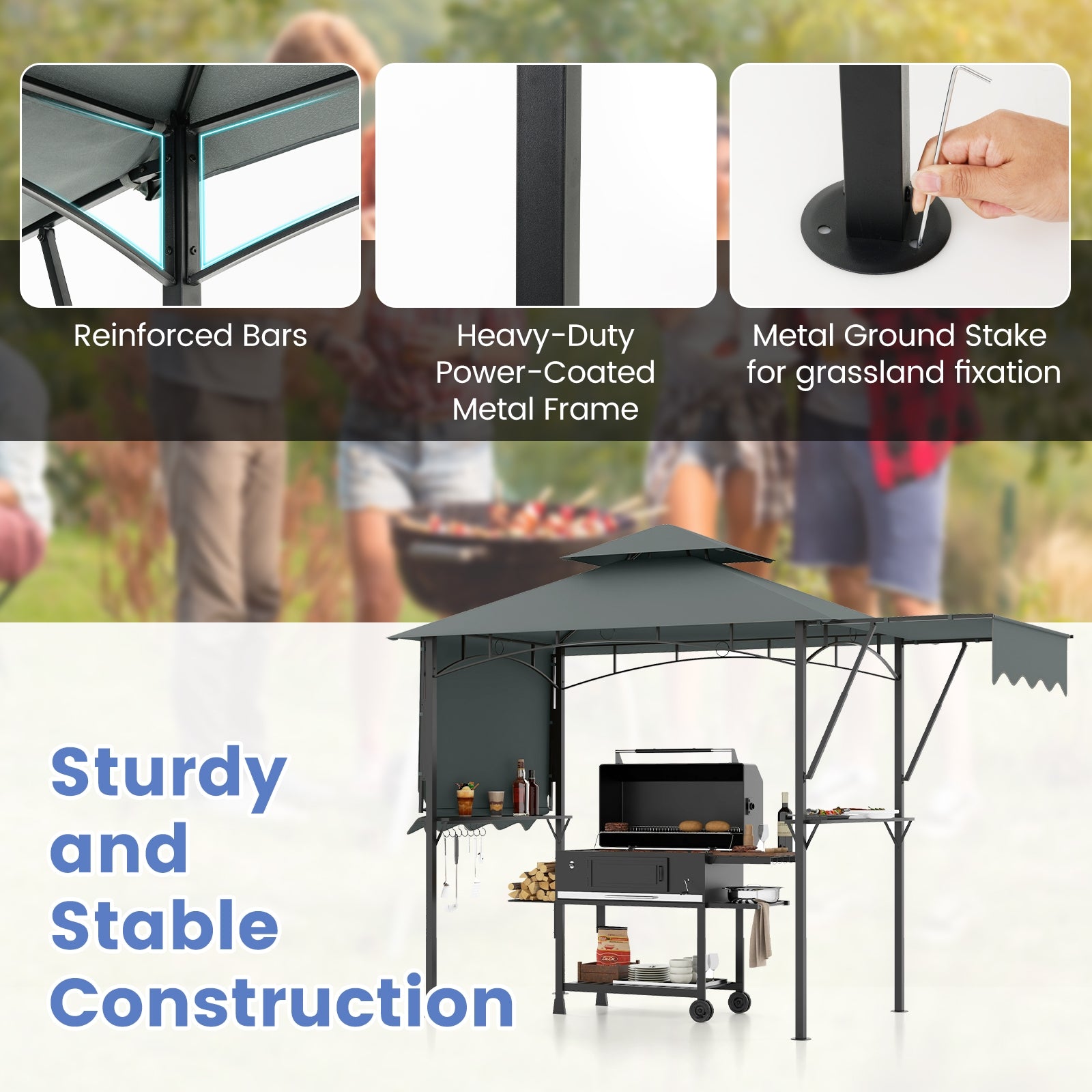 13 x 5 Feet Grill Gazebo with Dual Side Awnings and 2 Shelves Adjustable Shadow, Gray Gazebos at Gallery Canada