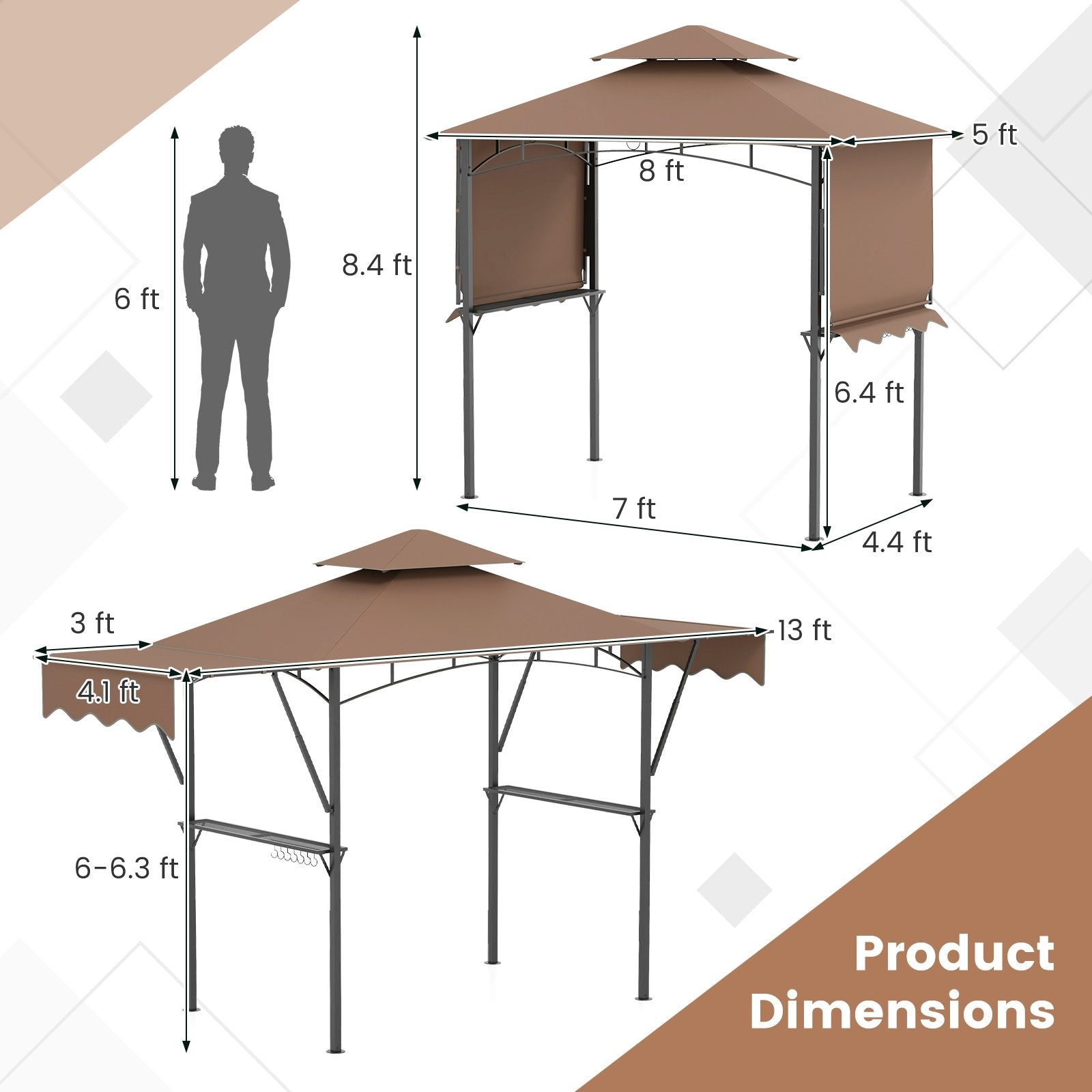 13 x 5 Feet Grill Gazebo with Dual Side Awnings and 2 Shelves Adjustable Shadow, Coffee Gazebos at Gallery Canada