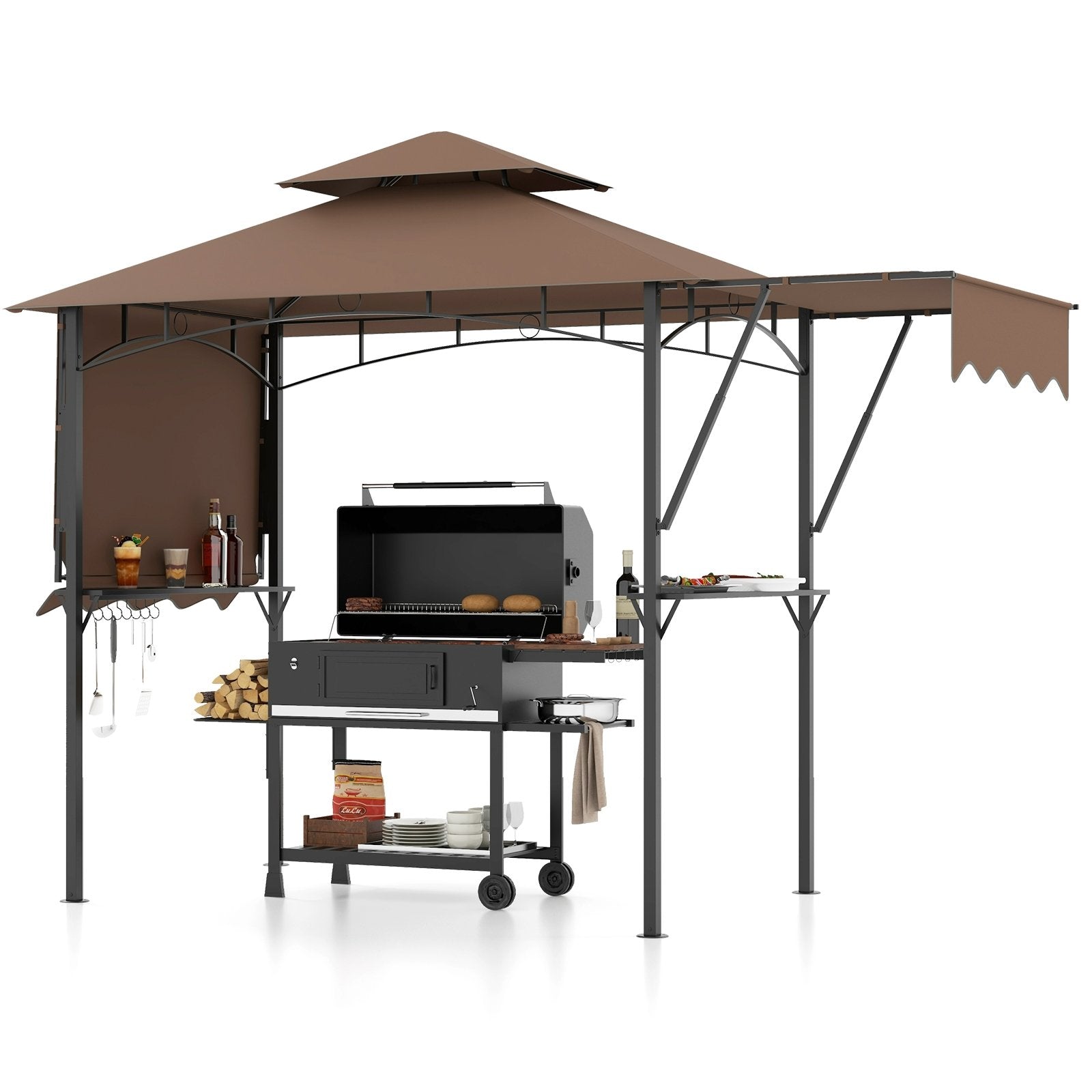 13 x 5 Feet Grill Gazebo with Dual Side Awnings and 2 Shelves Adjustable Shadow, Coffee Gazebos at Gallery Canada