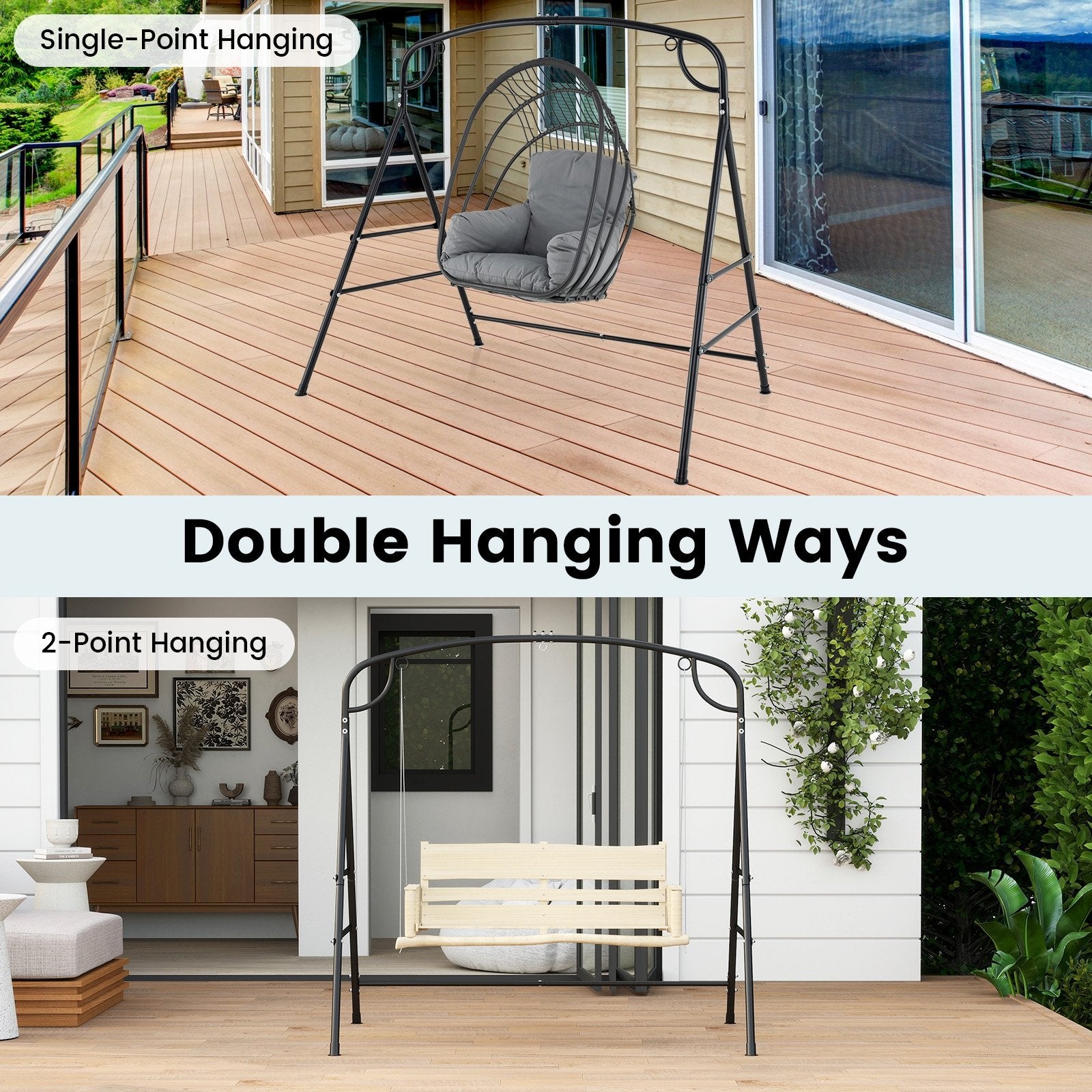 Outdoor Metal Swing Stand with 4 Support Bars and 2 Hanging Ways, Black Porch Swings at Gallery Canada