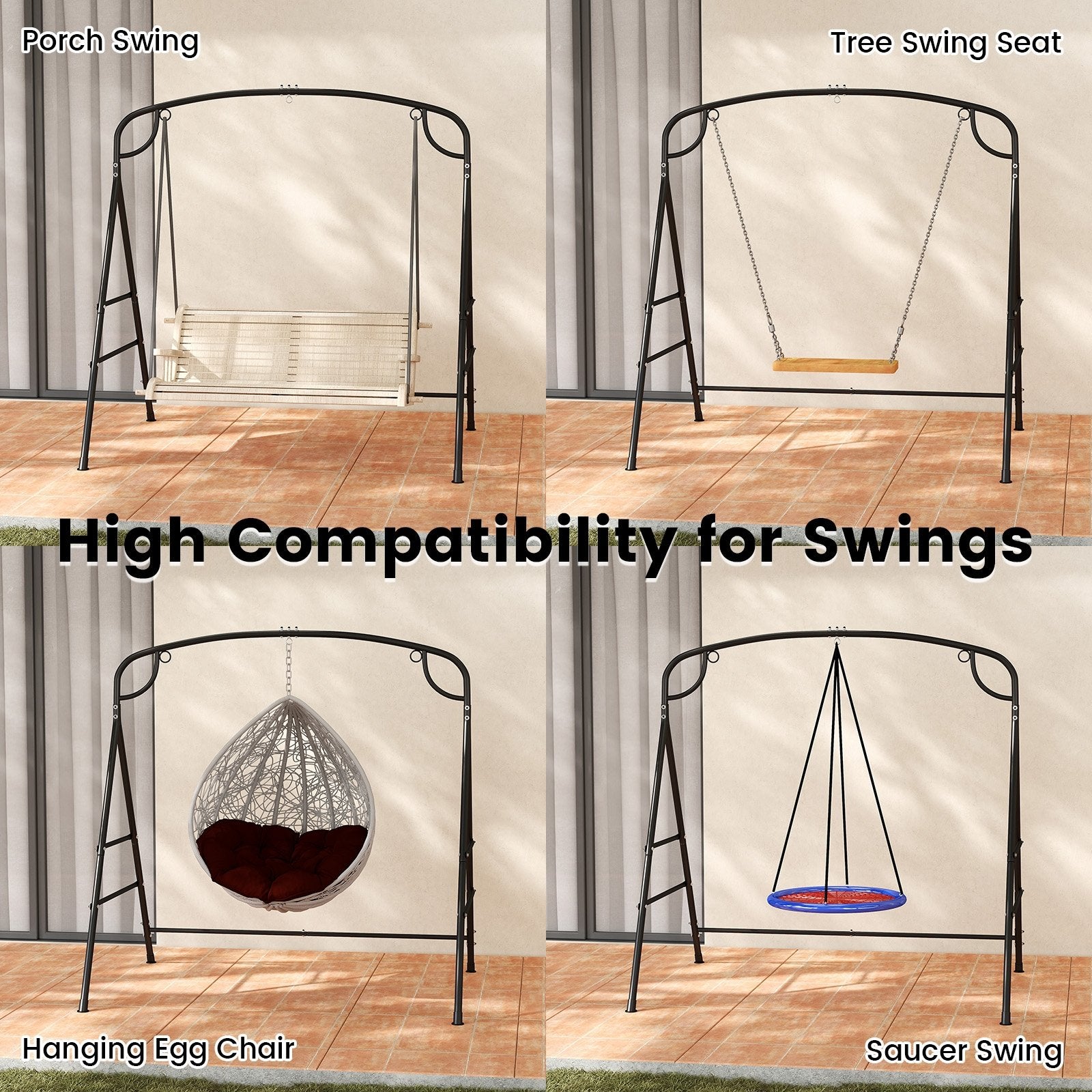 Outdoor Metal Swing Stand with 4 Support Bars and 2 Hanging Ways, Black Porch Swings at Gallery Canada