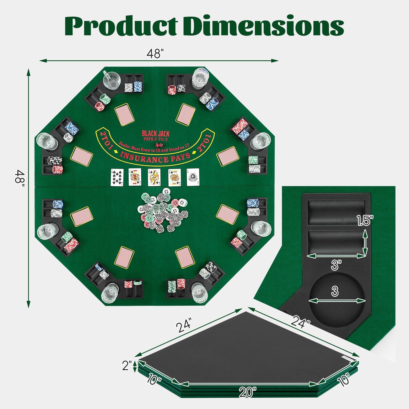 48 Inch 8-Player Foldable Poker Table Top with Carrying Bag and Cup Holders, Green Game Room at Gallery Canada