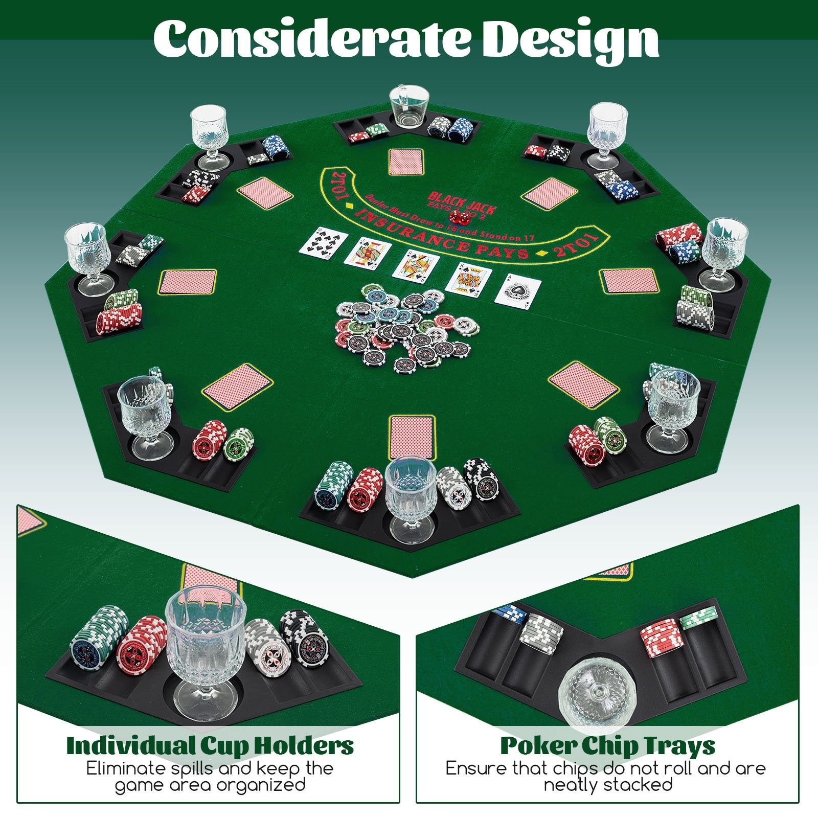 48 Inch 8-Player Foldable Poker Table Top with Carrying Bag and Cup Holders, Green Game Room at Gallery Canada