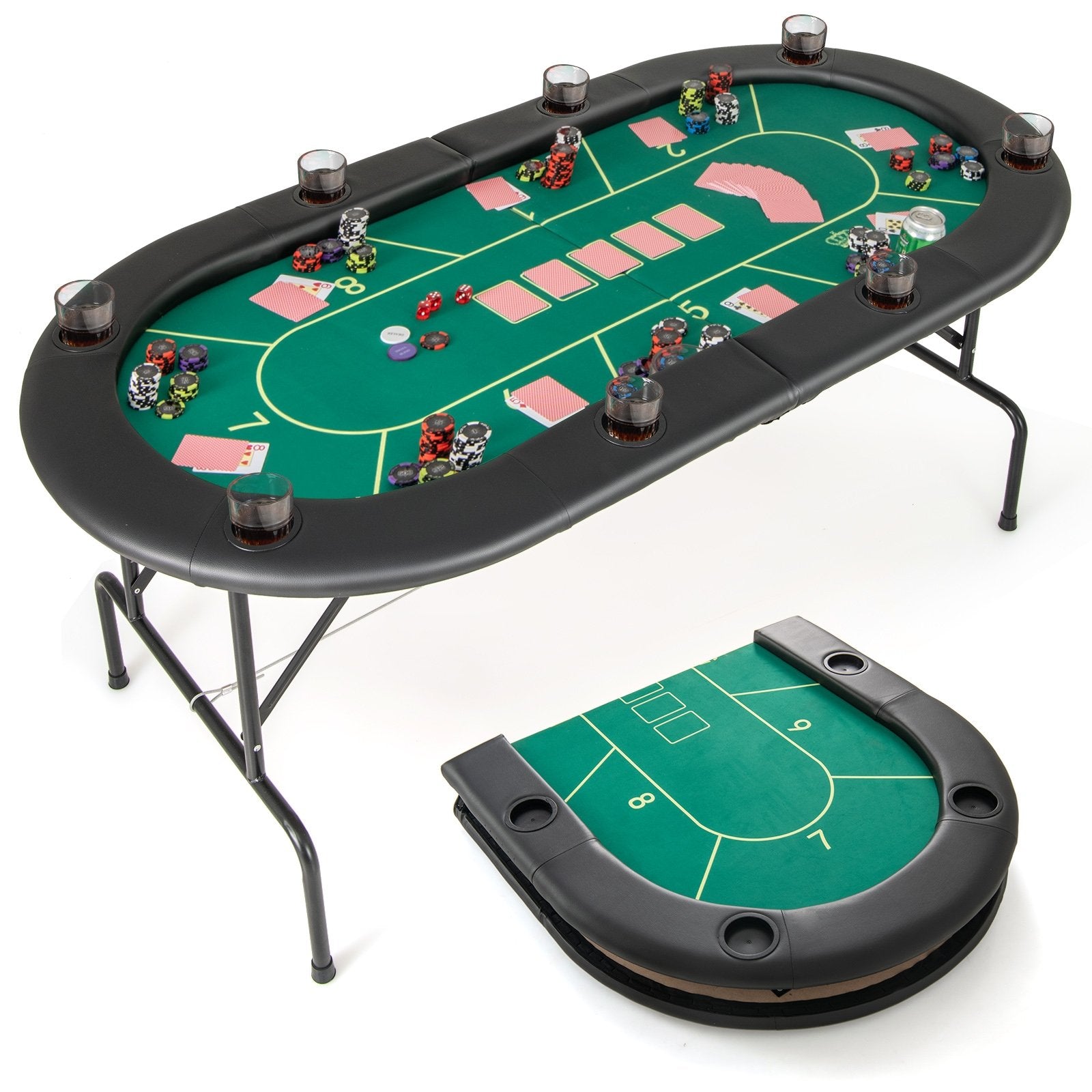 72 x 36 x 30.5 Inch Foldable Poker Table with 8 Cup Holders, Green Game Room Green at Gallery Canada