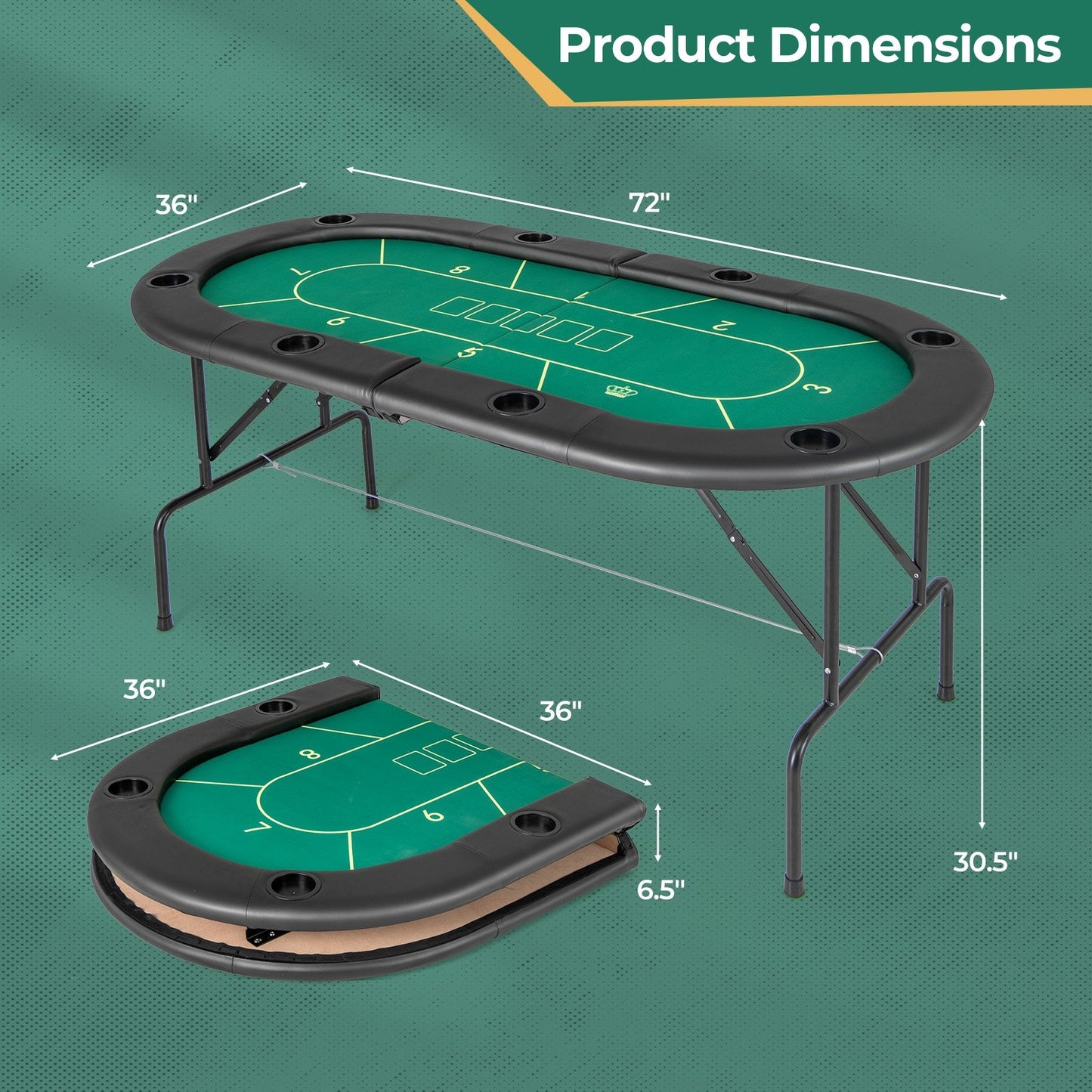 72 x 36 x 30.5 Inch Foldable Poker Table with 8 Cup Holders, Green Game Room at Gallery Canada