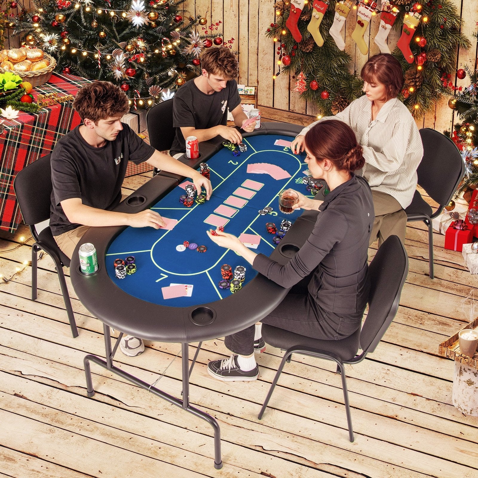 72 x 36 x 30.5 Inch Foldable Poker Table with 8 Cup Holders, Blue Game Room at Gallery Canada