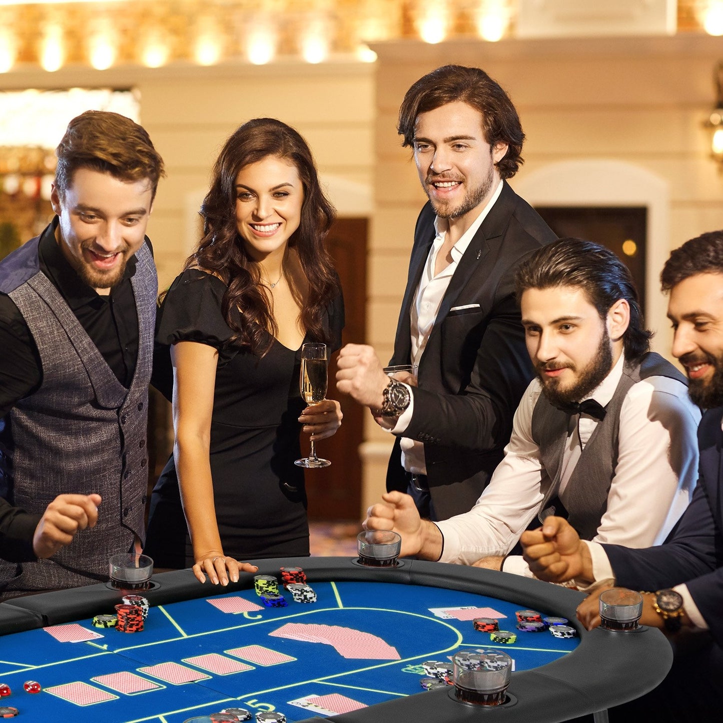 72 x 36 x 30.5 Inch Foldable Poker Table with 8 Cup Holders, Blue Game Room at Gallery Canada