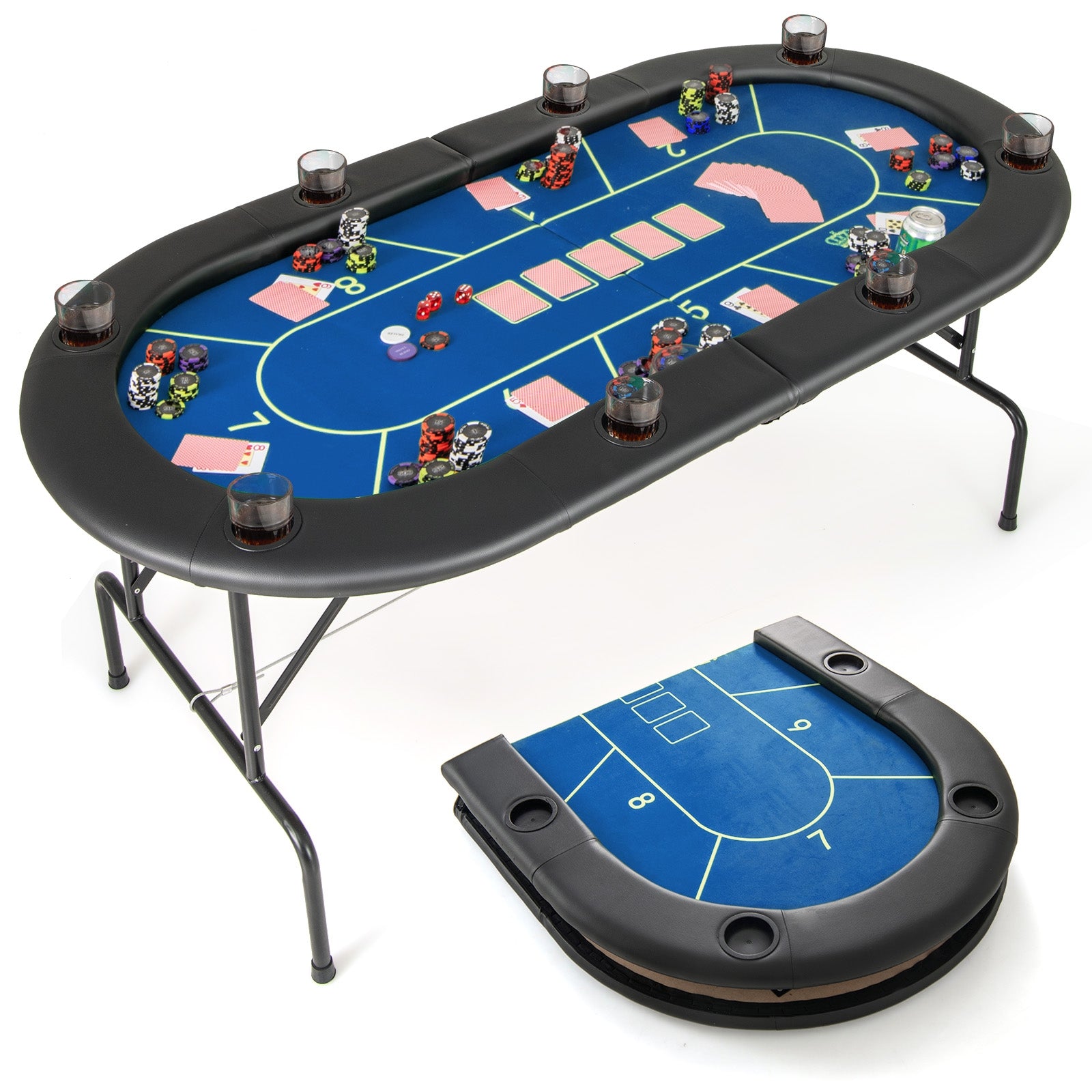 72 x 36 x 30.5 Inch Foldable Poker Table with 8 Cup Holders, Blue Game Room at Gallery Canada