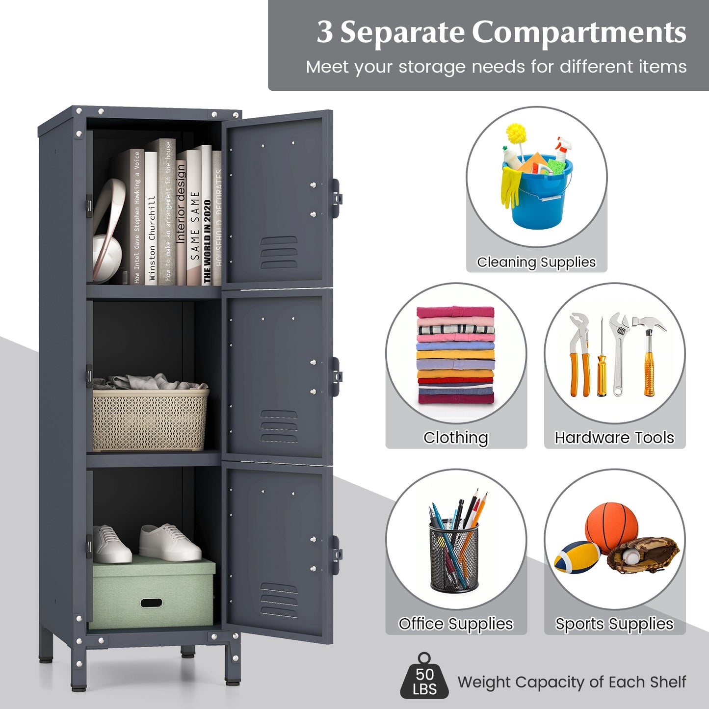 Metal Storage Locker with 3 Lockable Doors and Adjustable Feet Cabinets & Chests   at Gallery Canada