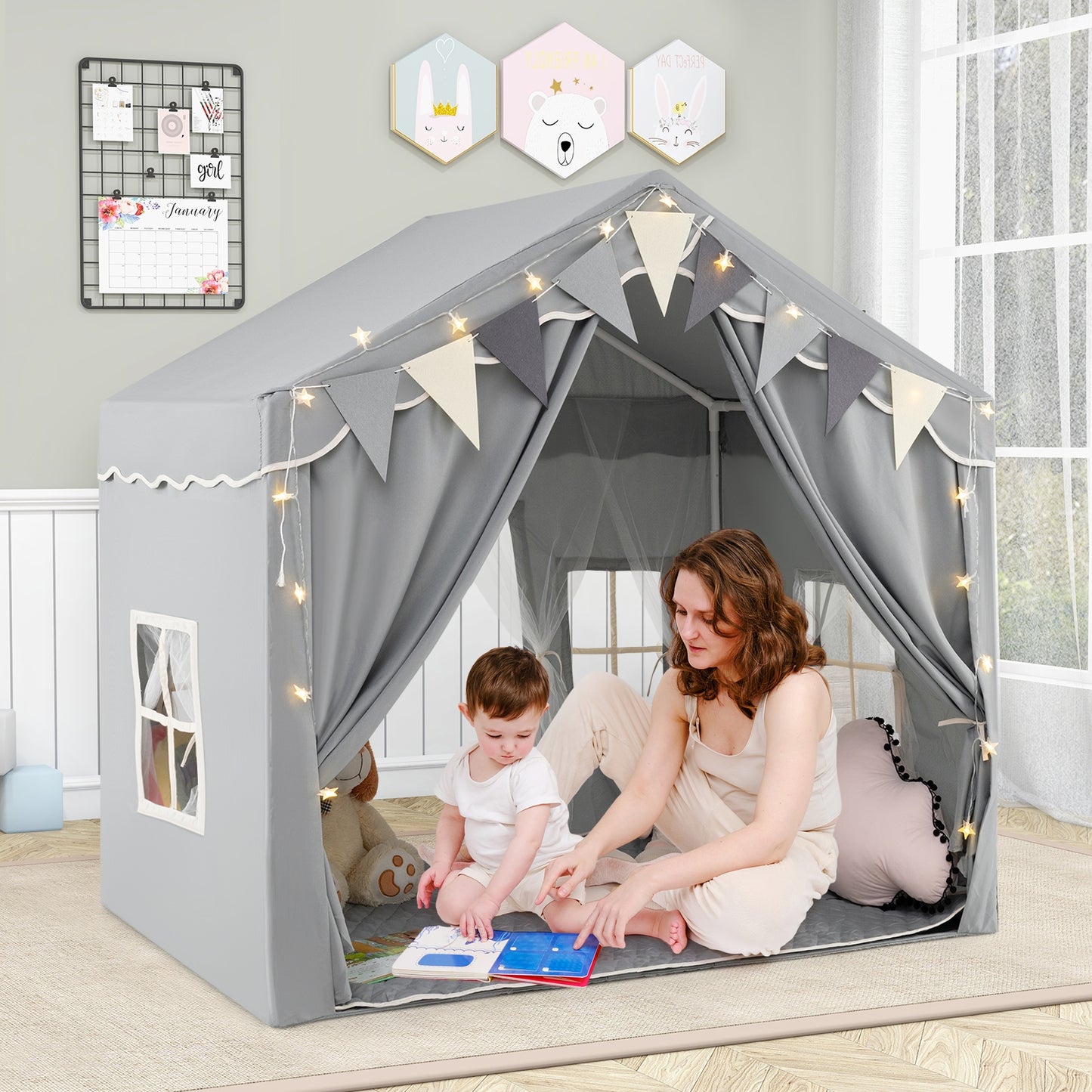 3-4 Kids Large Play Tent House with 2 Opening Doors and Star Lights, Gray Play Tents & Playhouse at Gallery Canada