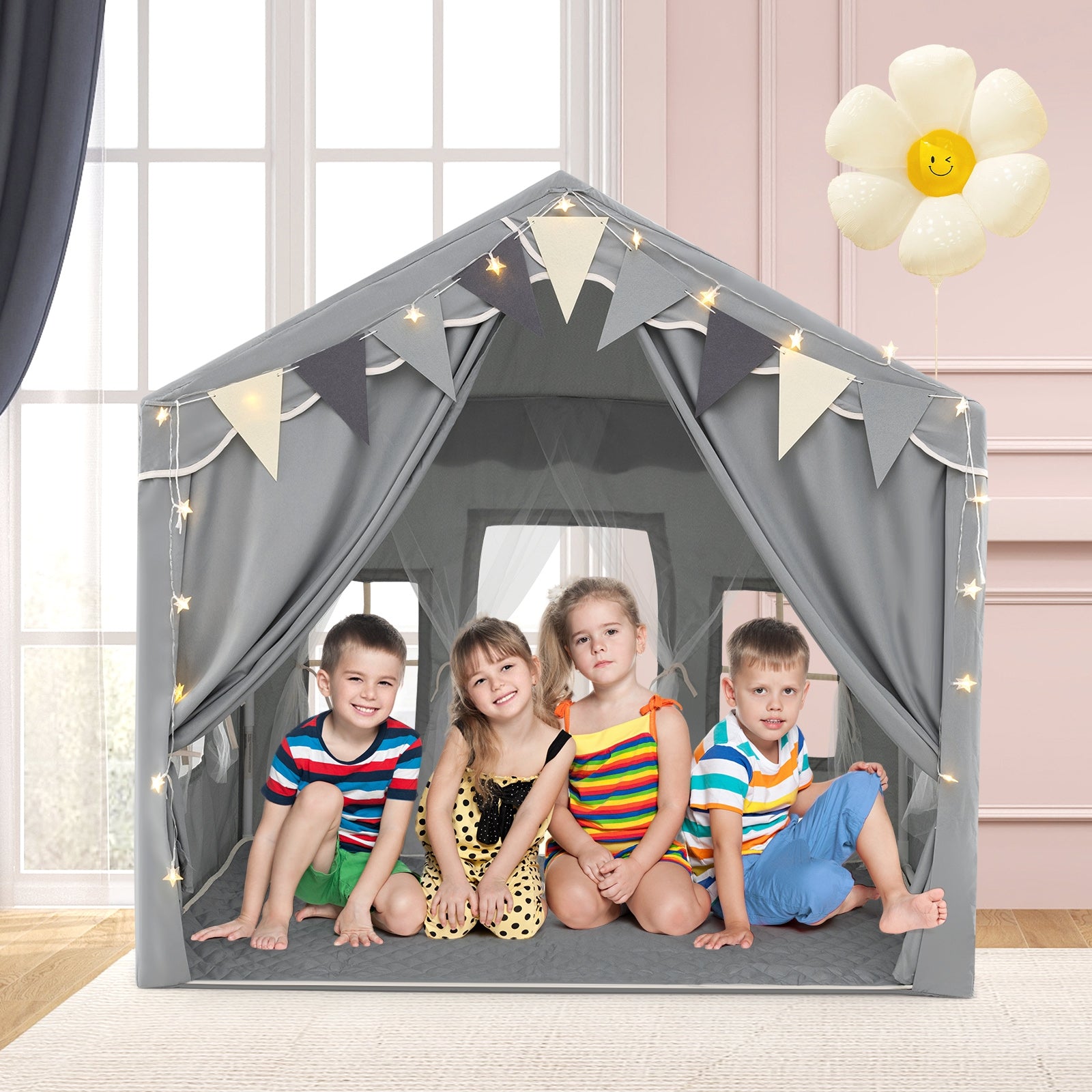 3-4 Kids Large Play Tent House with 2 Opening Doors and Star Lights, Gray Play Tents & Playhouse at Gallery Canada