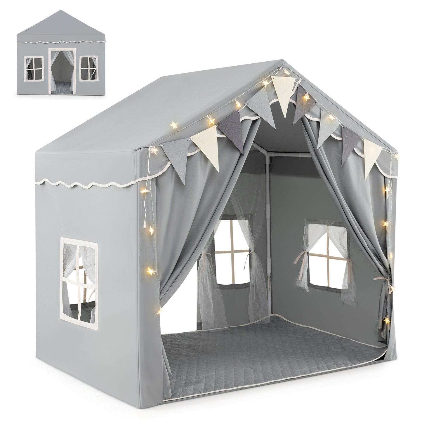 3-4 Kids Large Play Tent House with 2 Opening Doors and Star Lights, Gray Play Tents & Playhouse Gray at Gallery Canada