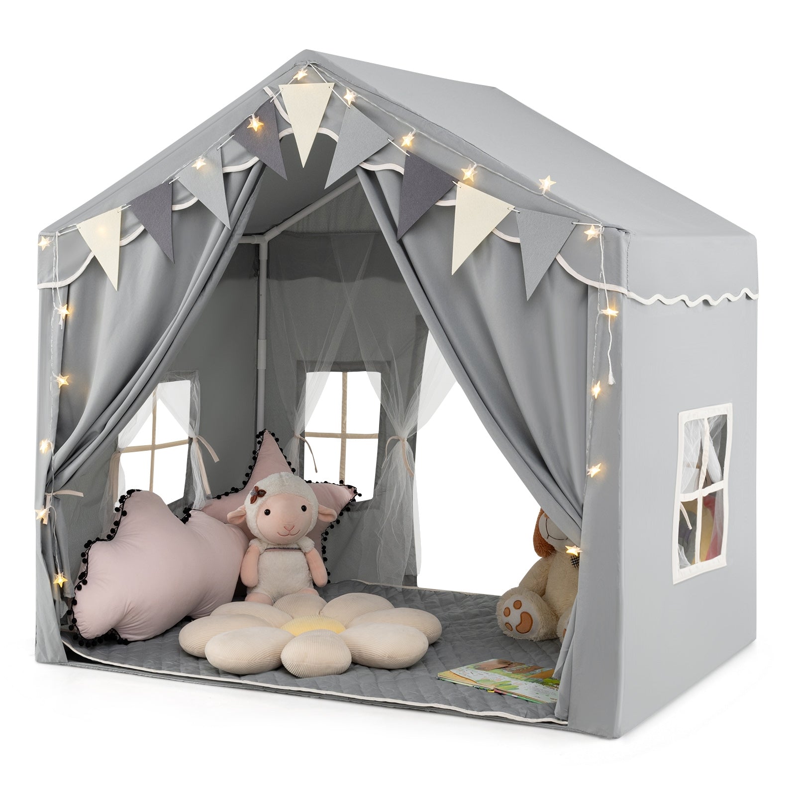 3-4 Kids Large Play Tent House with 2 Opening Doors and Star Lights, Gray Play Tents & Playhouse at Gallery Canada