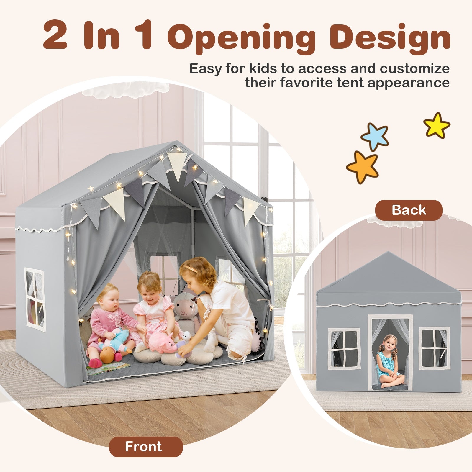 3-4 Kids Large Play Tent House with 2 Opening Doors and Star Lights, Gray Play Tents & Playhouse at Gallery Canada