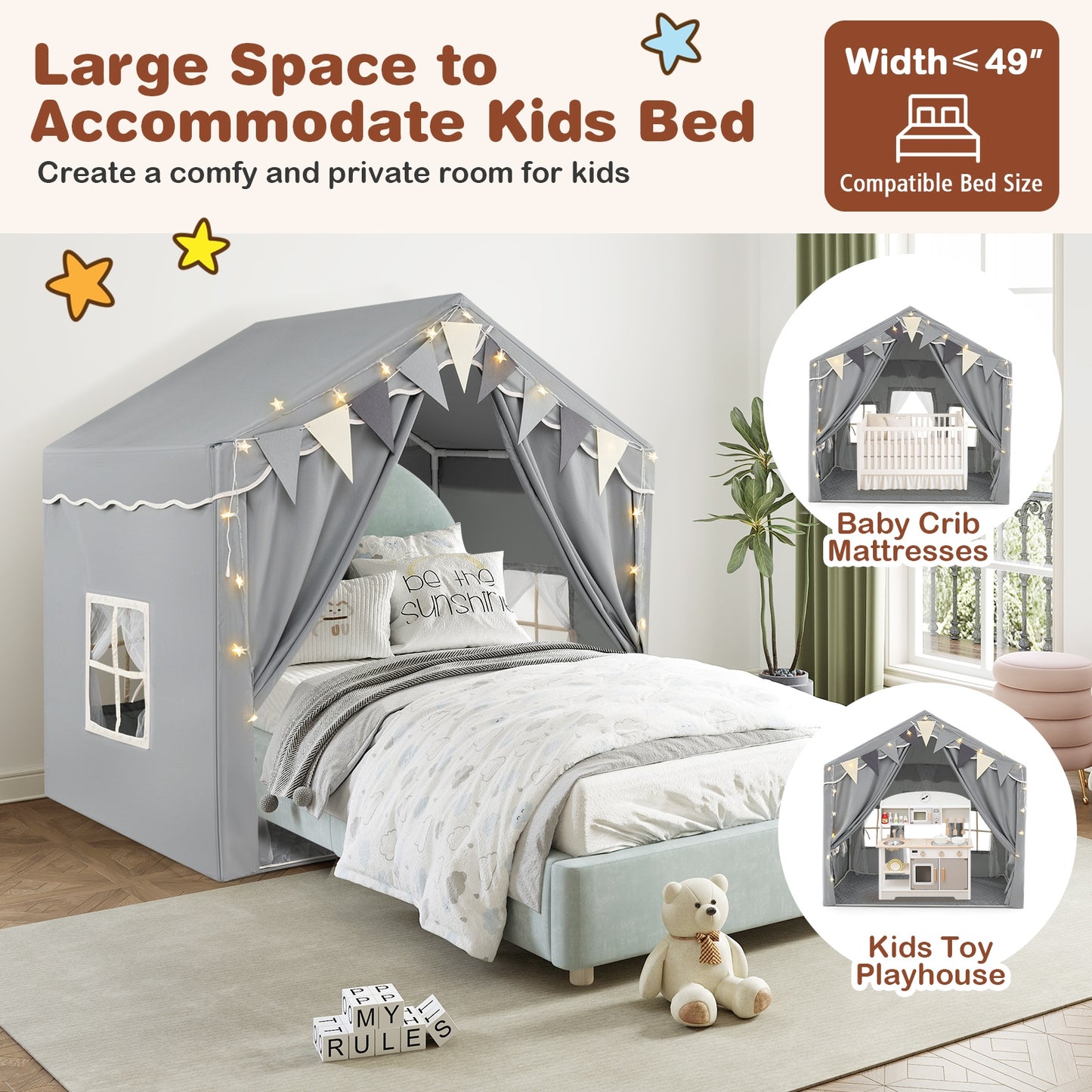 3-4 Kids Large Play Tent House with 2 Opening Doors and Star Lights, Gray Play Tents & Playhouse at Gallery Canada