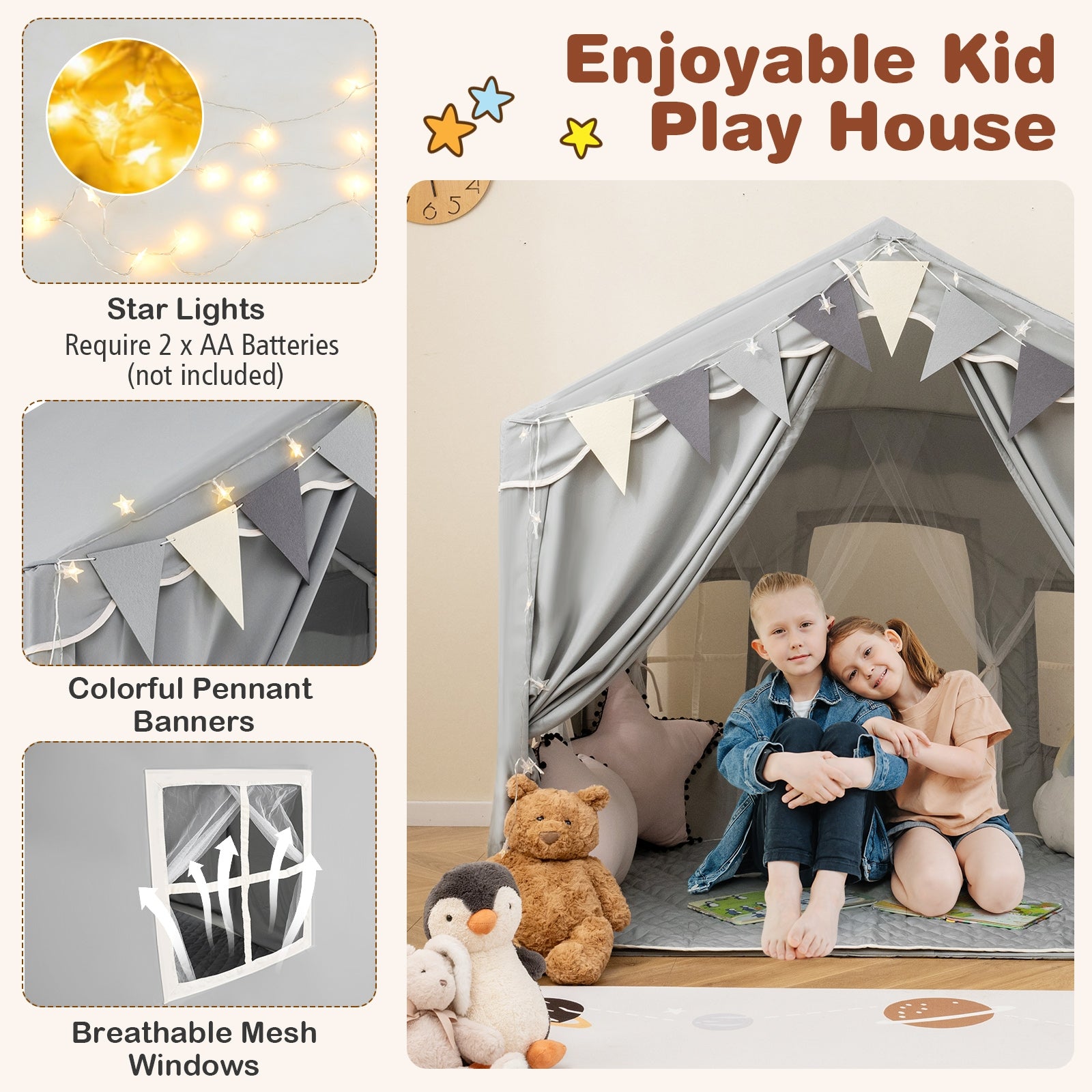 3-4 Kids Large Play Tent House with 2 Opening Doors and Star Lights, Gray Play Tents & Playhouse at Gallery Canada