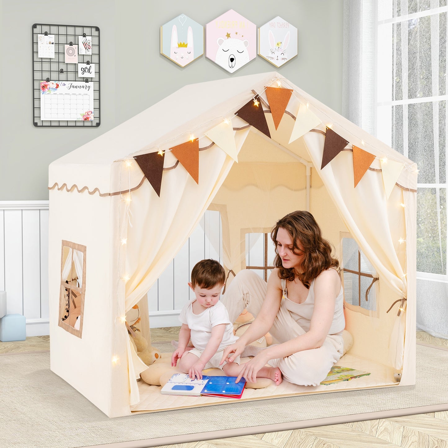 3-4 Kids Large Play Tent House with 2 Opening Doors and Star Lights, Beige Play Tents & Playhouse at Gallery Canada