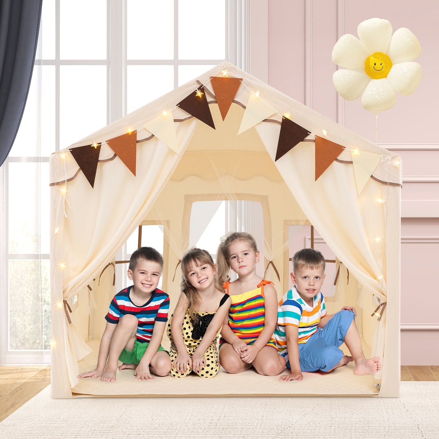 3-4 Kids Large Play Tent House with 2 Opening Doors and Star Lights, Beige Play Tents & Playhouse at Gallery Canada