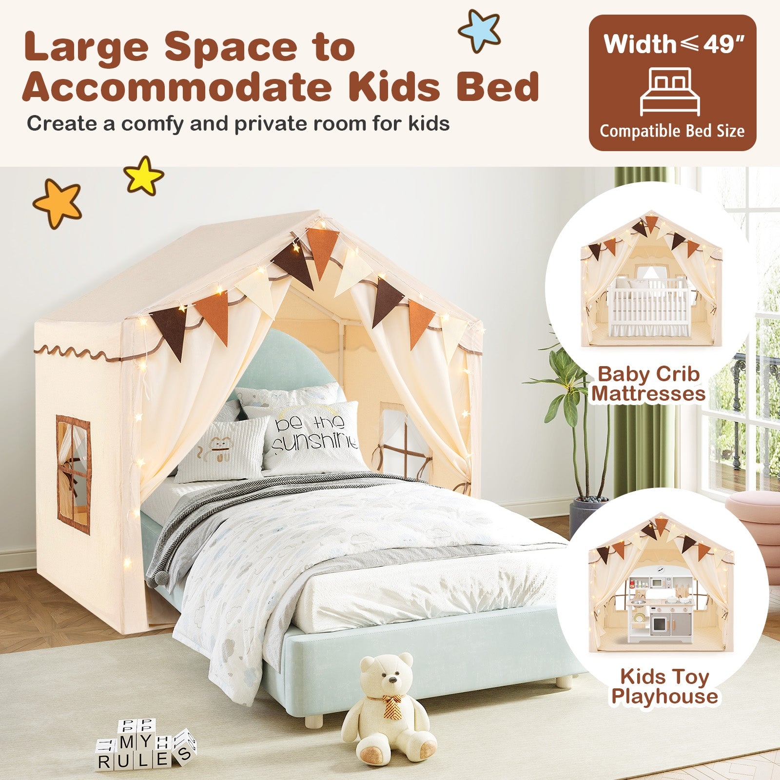 3-4 Kids Large Play Tent House with 2 Opening Doors and Star Lights, Beige Play Tents & Playhouse at Gallery Canada