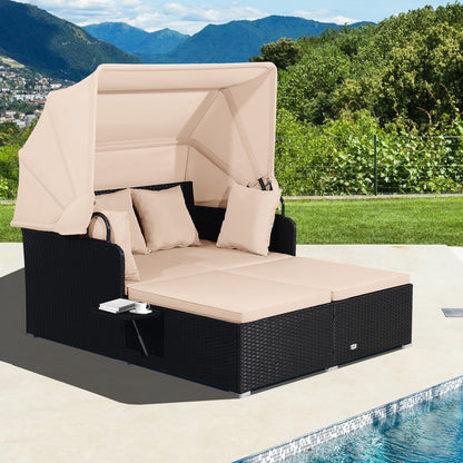 Patio Rattan Daybed with Retractable Canopy and Side Tables, Beige Outdoor Sectionals at Gallery Canada