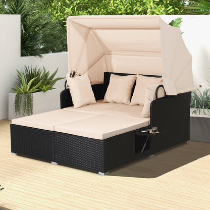 Patio Rattan Daybed with Retractable Canopy and Side Tables, Beige Outdoor Sectionals at Gallery Canada