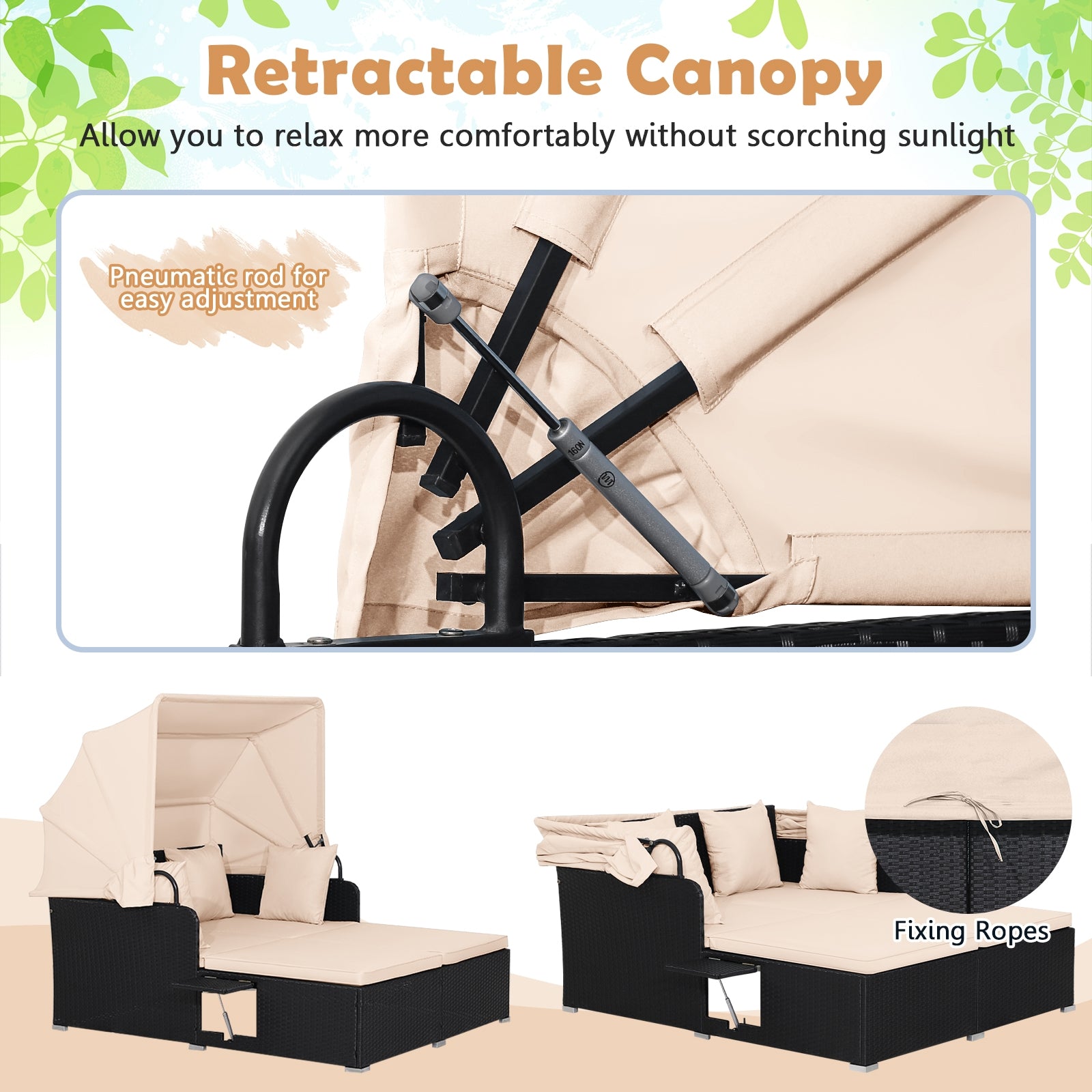 Patio Rattan Daybed with Retractable Canopy and Side Tables, Beige Outdoor Sectionals at Gallery Canada