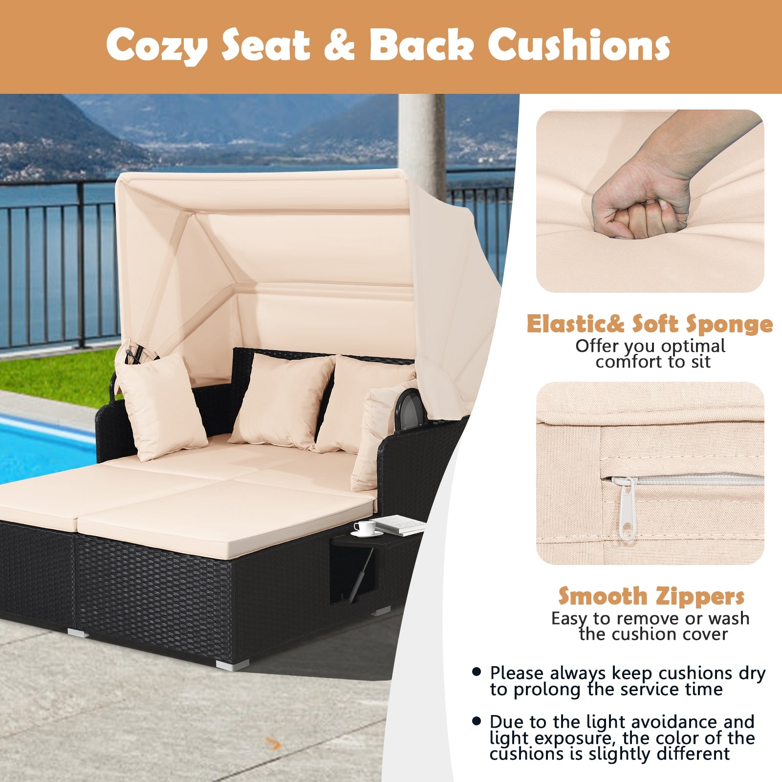 Patio Rattan Daybed with Retractable Canopy and Side Tables, Beige Outdoor Sectionals at Gallery Canada