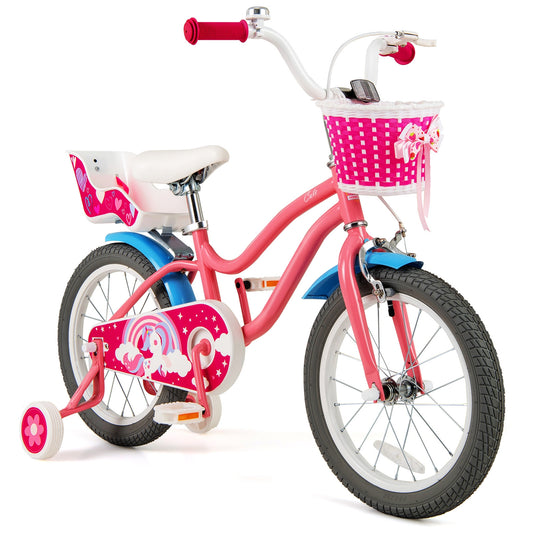 16 Inch Kids Bike with Training Wheels and Storage Basket, Pink Kids Bike Pink at Gallery Canada