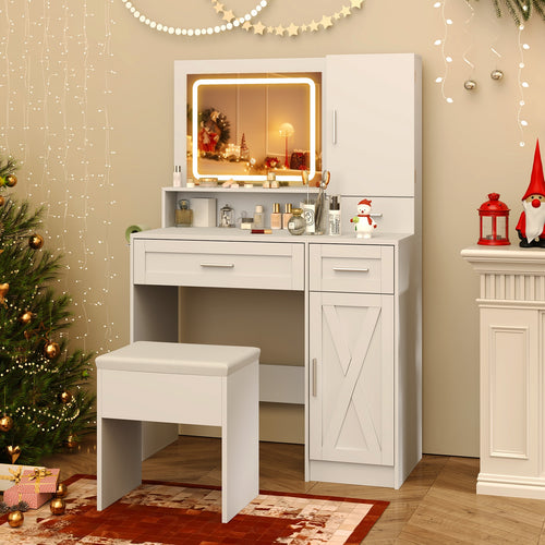 Makeup Vanity Desk with Mirror and Lights Dressing Table and Stool Set, White