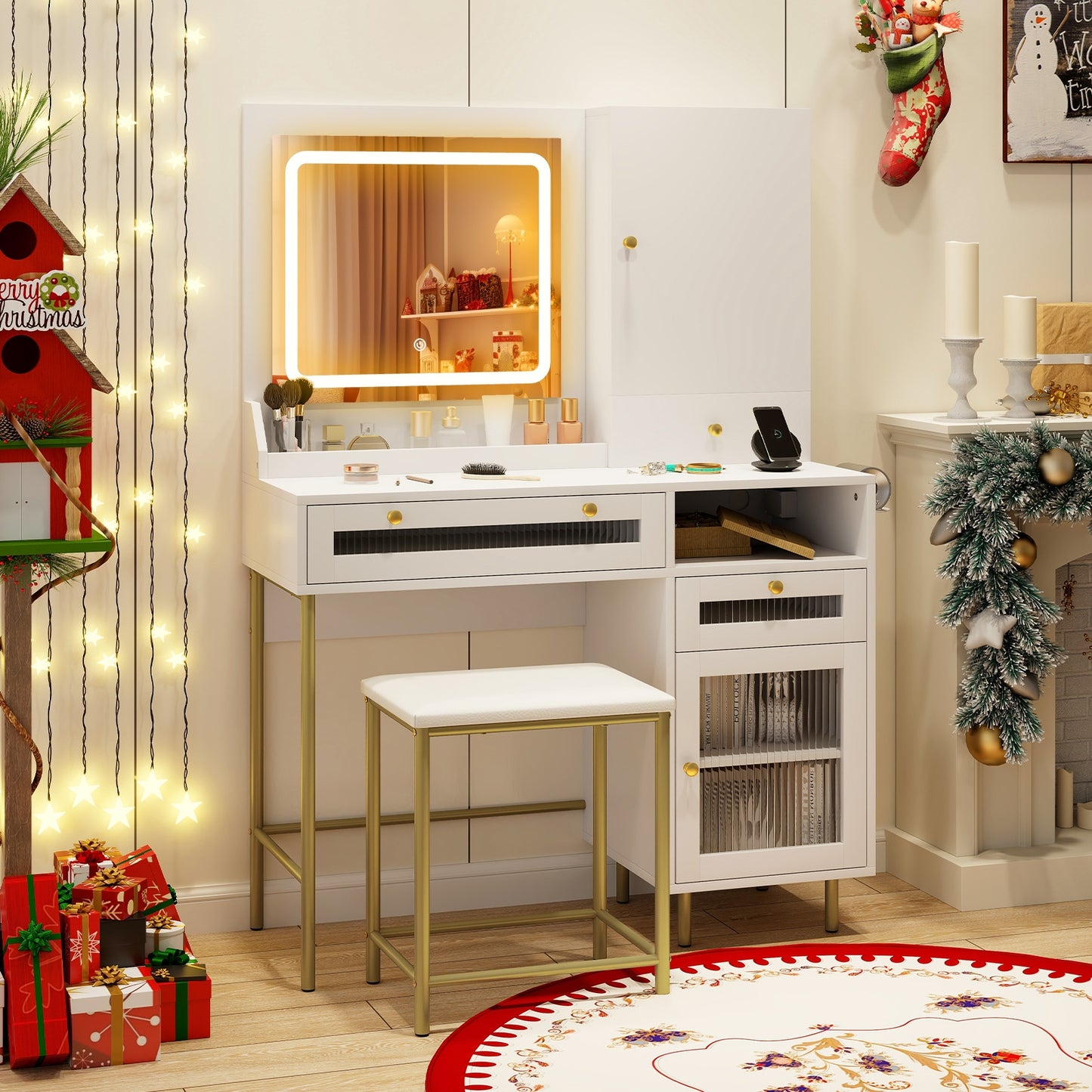 Modern Makeup Vanity Desk with Mirror and Lights and Stool Set, White Makeup Vanities at Gallery Canada