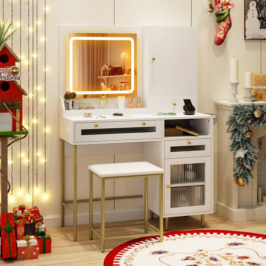 Modern Makeup Vanity Desk with Mirror and Lights and Stool Set, White Makeup Vanities White at Gallery Canada