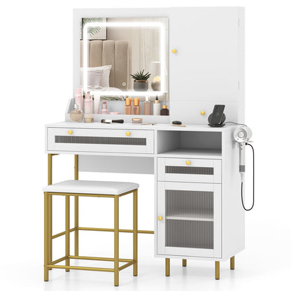 Modern Makeup Vanity Desk with Mirror and Lights and Stool Set, White Makeup Vanities White at Gallery Canada