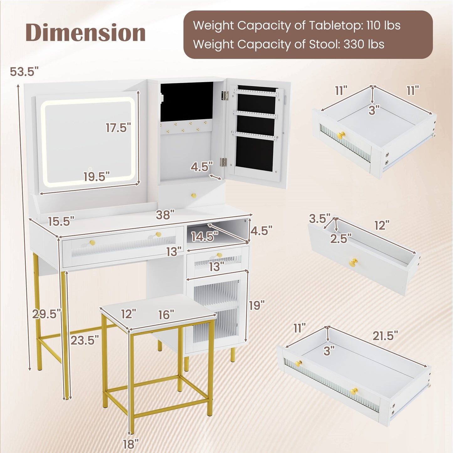 Modern Makeup Vanity Desk with Mirror and Lights and Stool Set, White Makeup Vanities at Gallery Canada