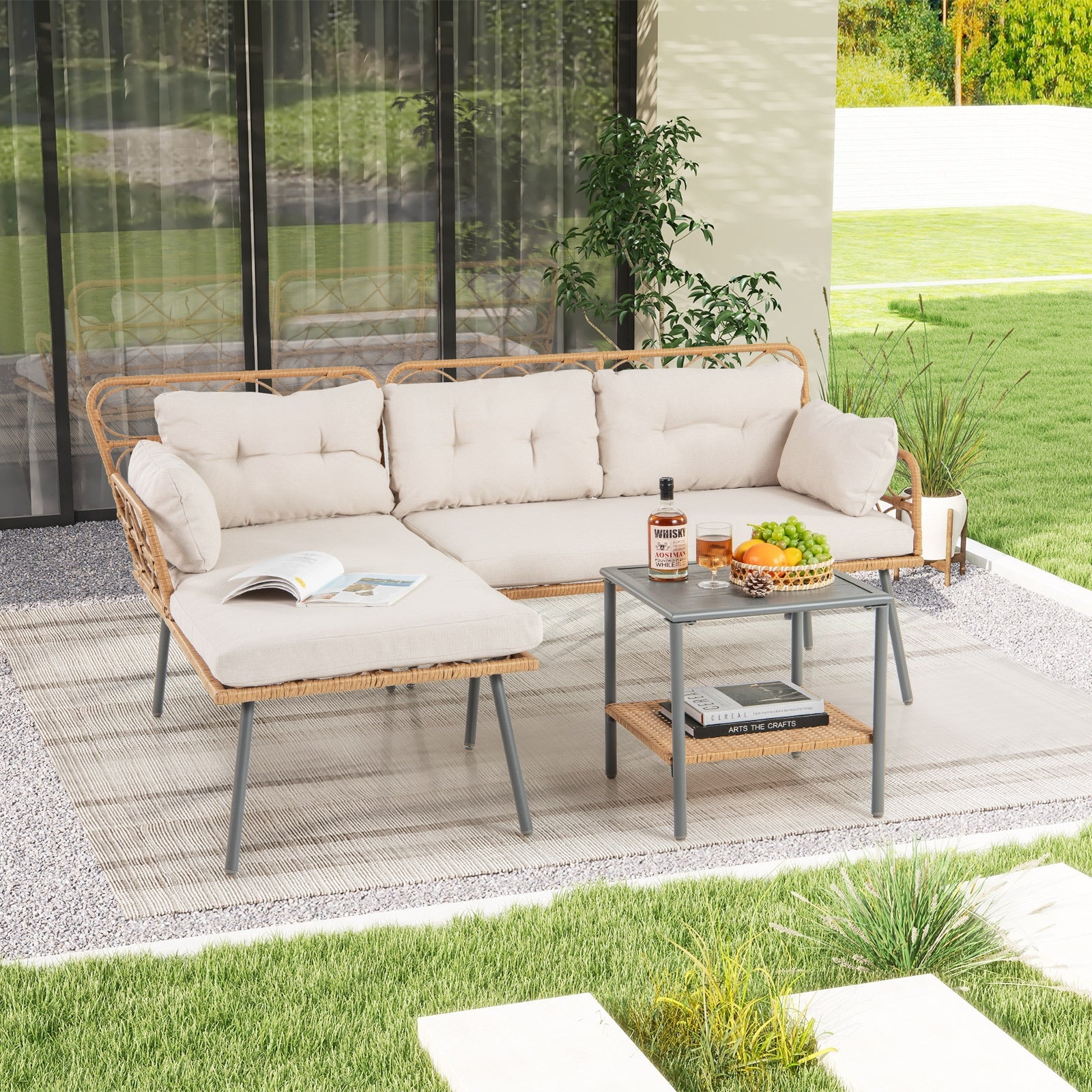 3 Pieces Corner Patio Furniture with Small Coffee Table, Beige Patio Conversation Sets at Gallery Canada