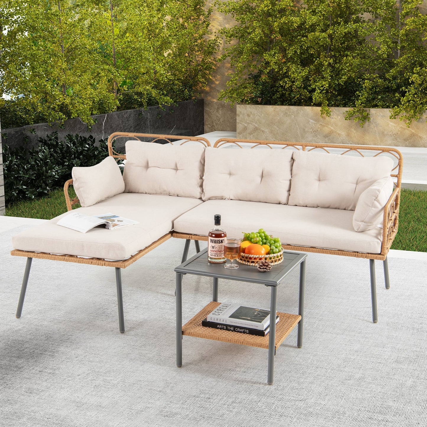 3 Pieces Corner Patio Furniture with Small Coffee Table, Beige Patio Conversation Sets at Gallery Canada