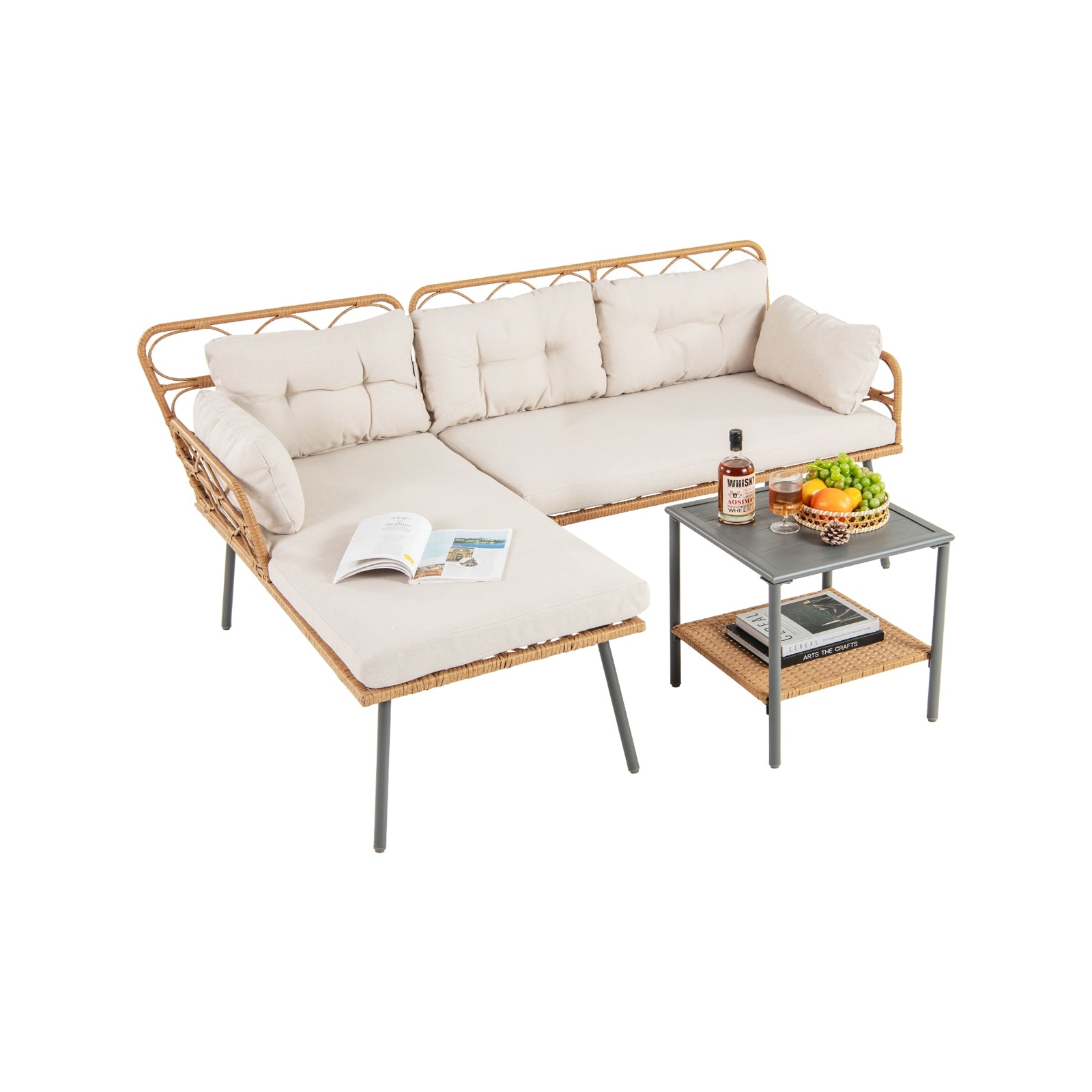 3 Pieces Corner Patio Furniture with Small Coffee Table, Beige Patio Conversation Sets Beige at Gallery Canada