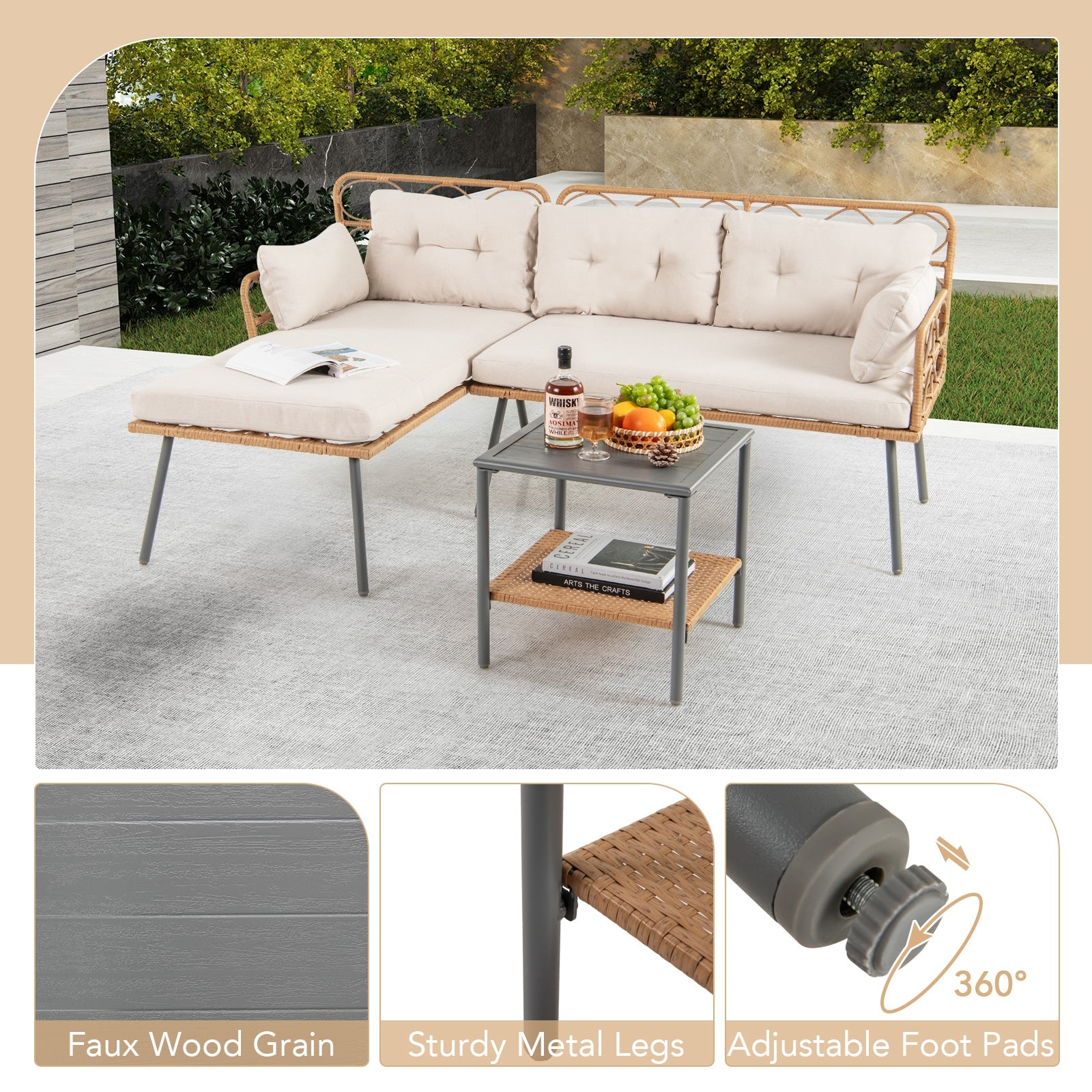 3 Pieces Corner Patio Furniture with Small Coffee Table, Beige Patio Conversation Sets at Gallery Canada